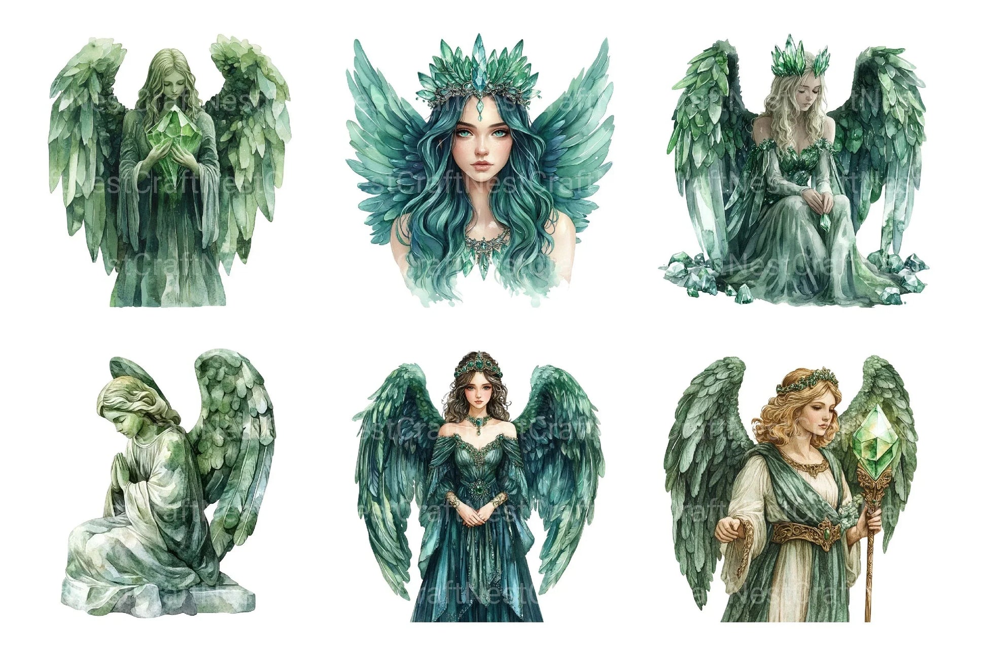 Green Stone Angel Figures Clipart Bundle - CraftNest - Digital Crafting and Art