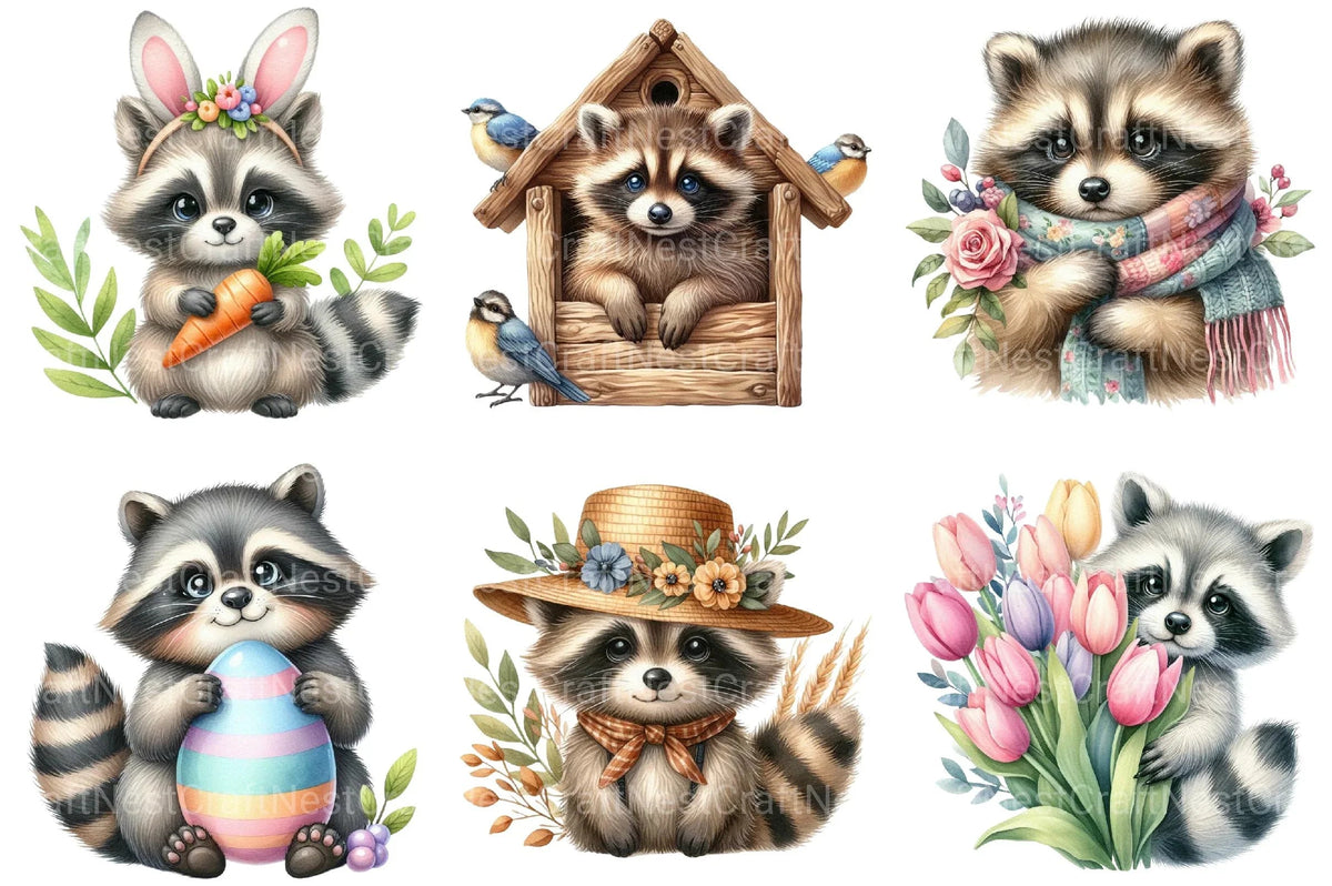Spring Raccoon Pattern Spring Cute Raccoon Clipart
