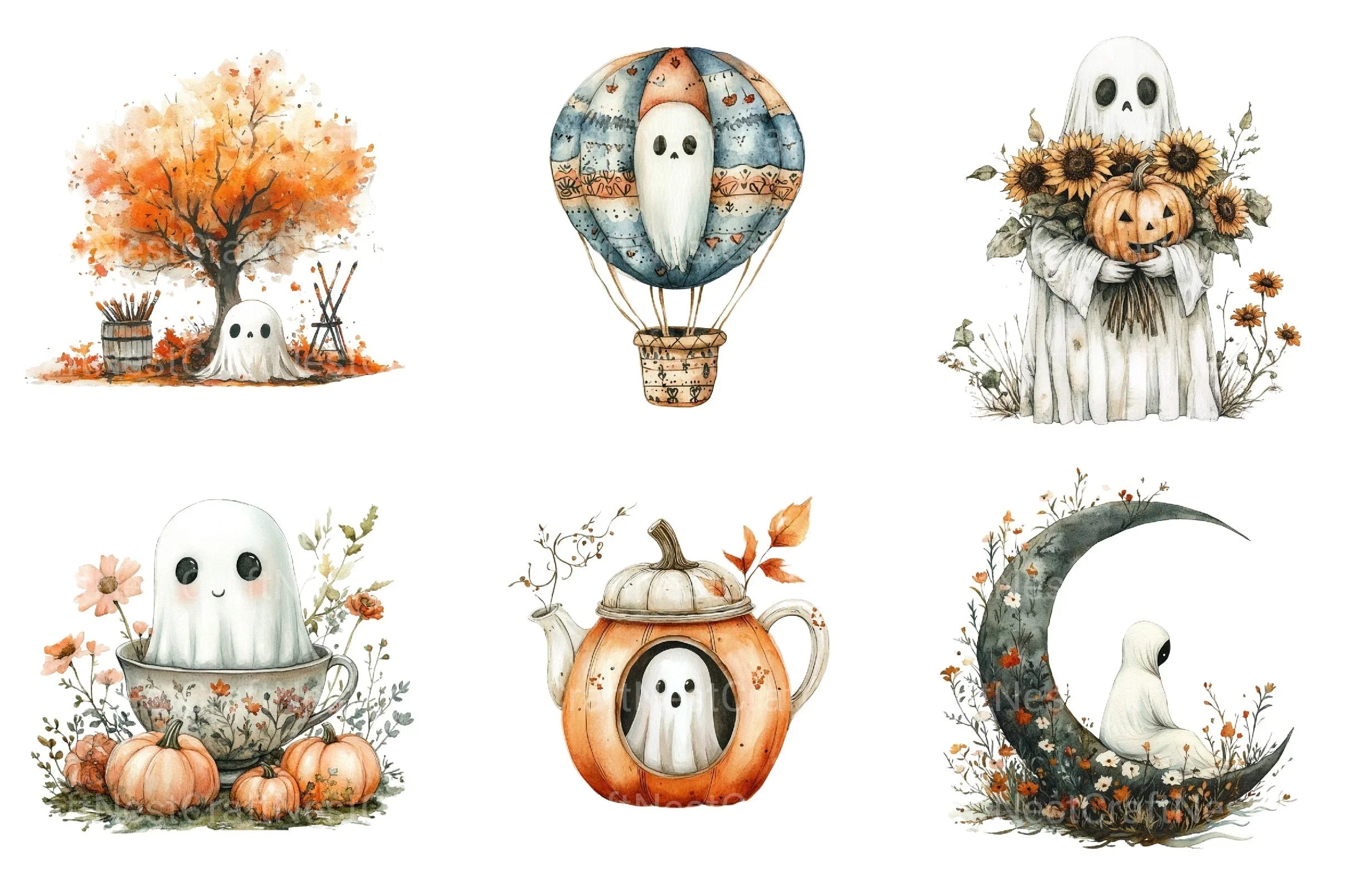 Boho Fall Halloween Ghost Clipart Bundle - CraftNest - Digital Crafting and Art