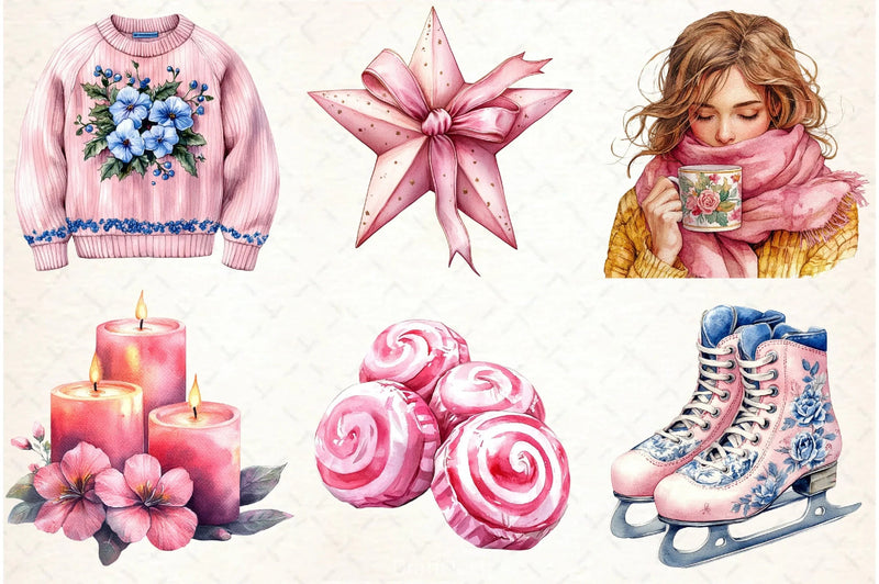 Pink Chinoiserie Christmas Clipart Bundle - CraftNest - Digital Crafting and Art