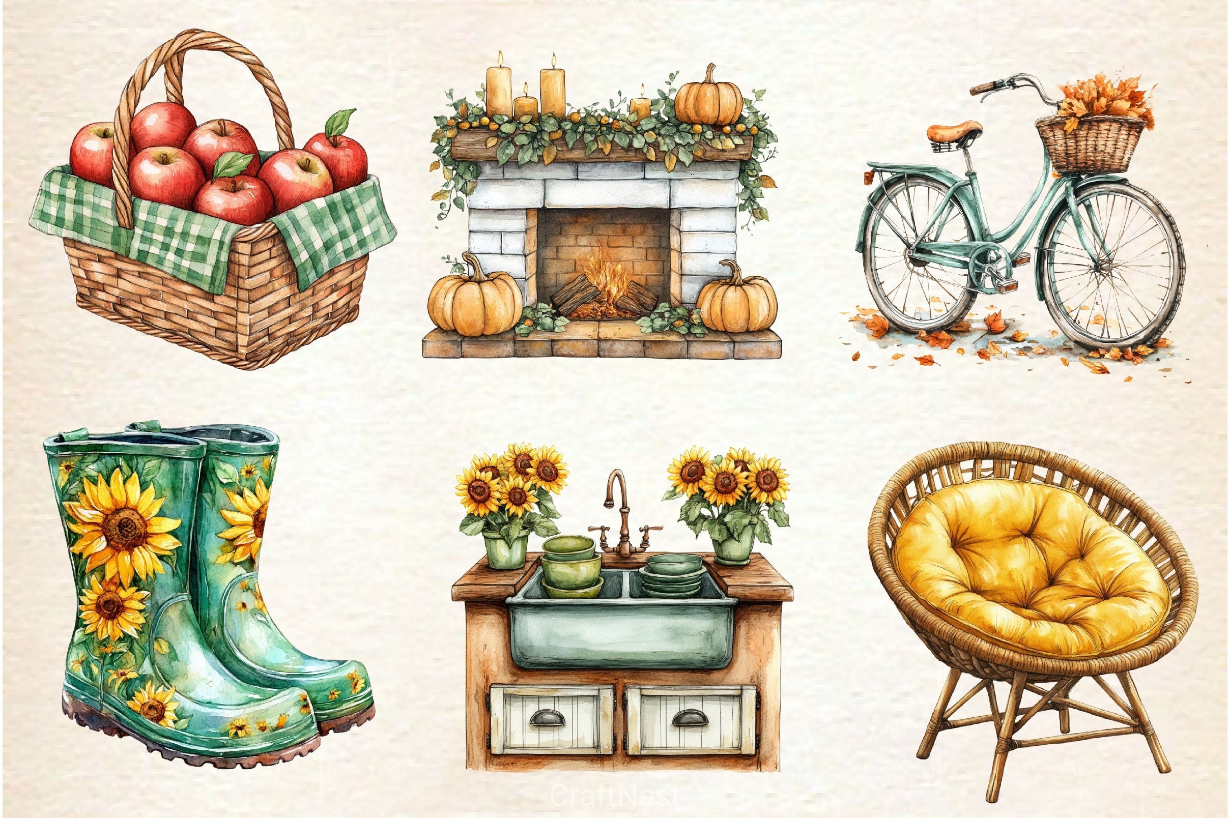 Yellow Green Autumn Cottage Clipart Bundle 2
