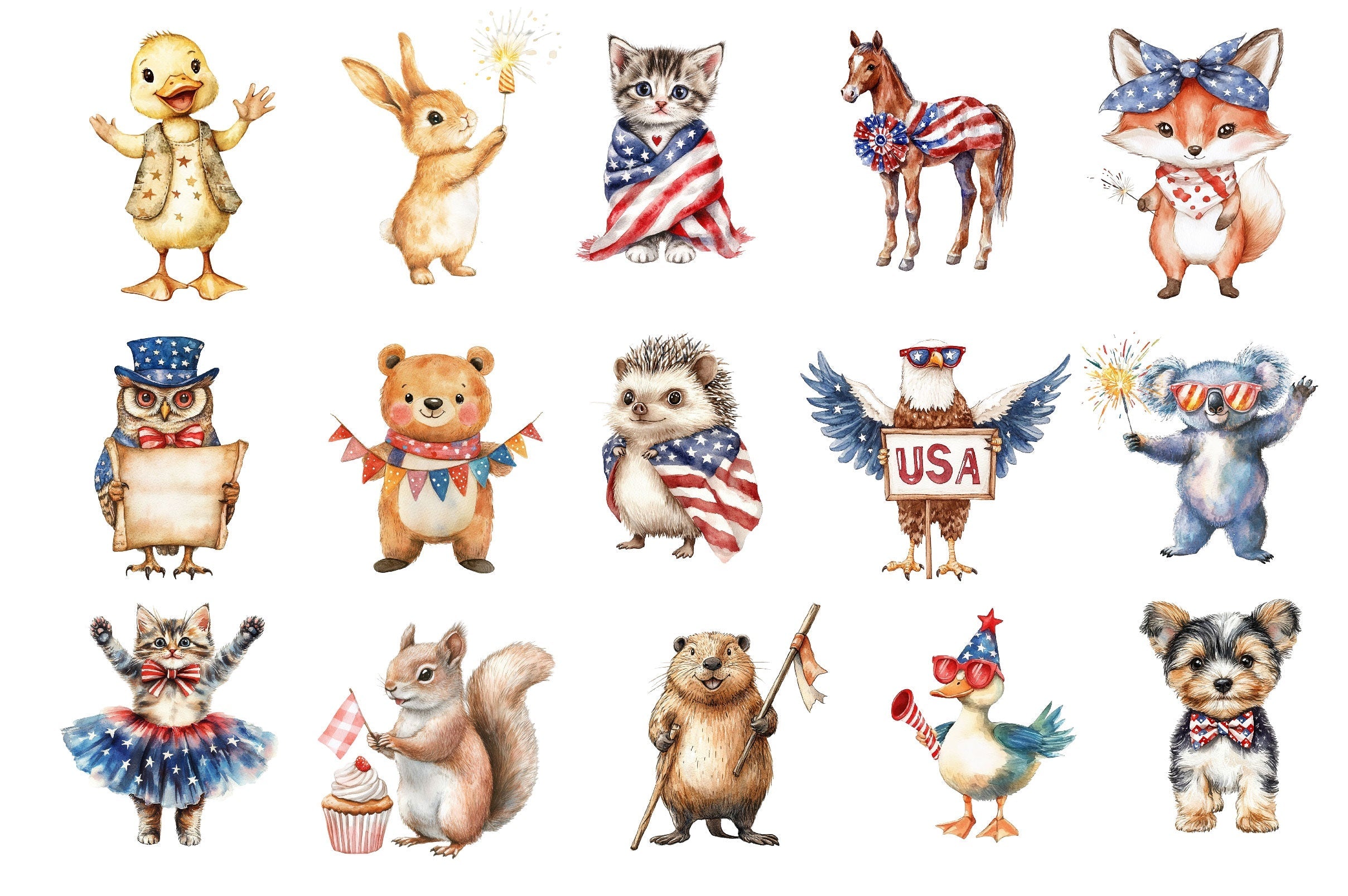 Patriotic Cute Animals Clipart Bundle