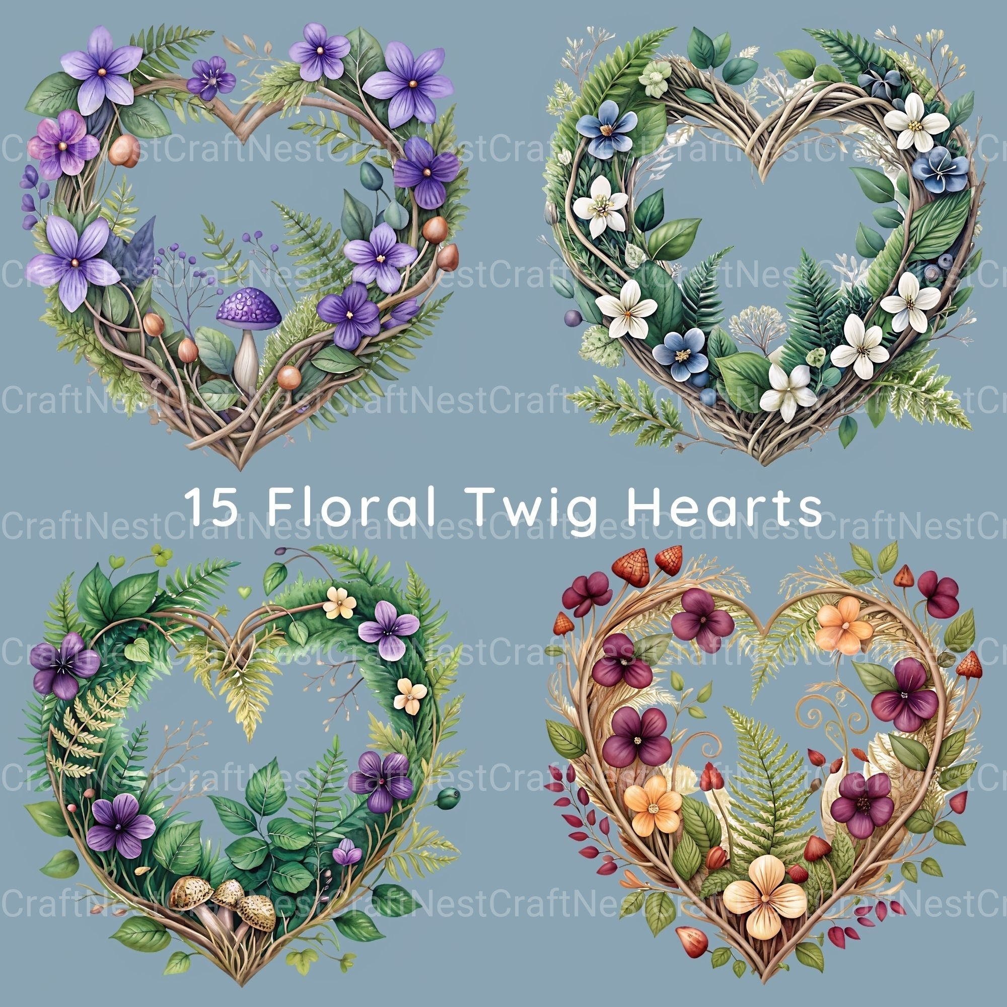 Twig Hearts Clipart Bundle