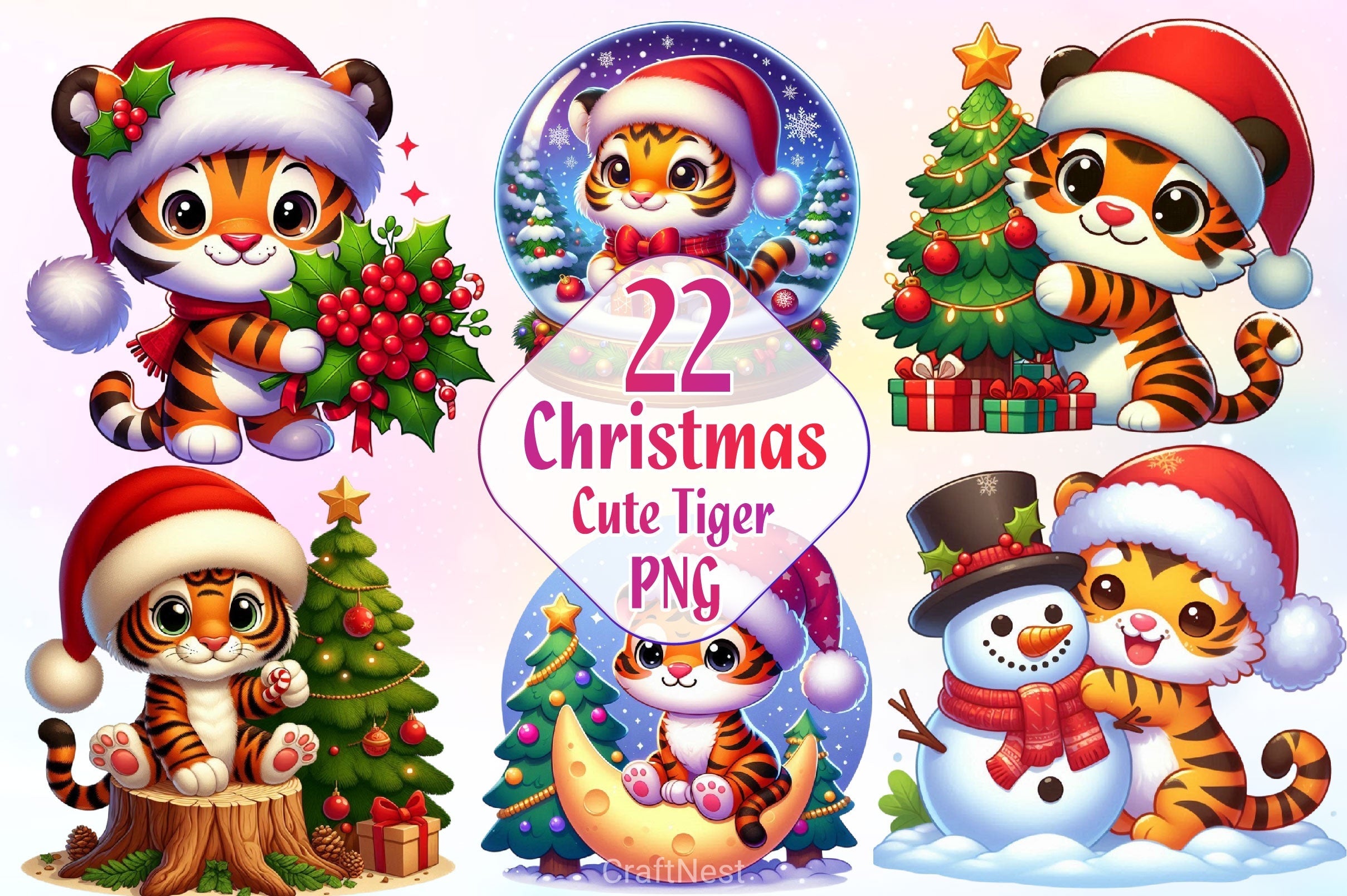 Cute Christmas Tiger Clipart Bundle 2