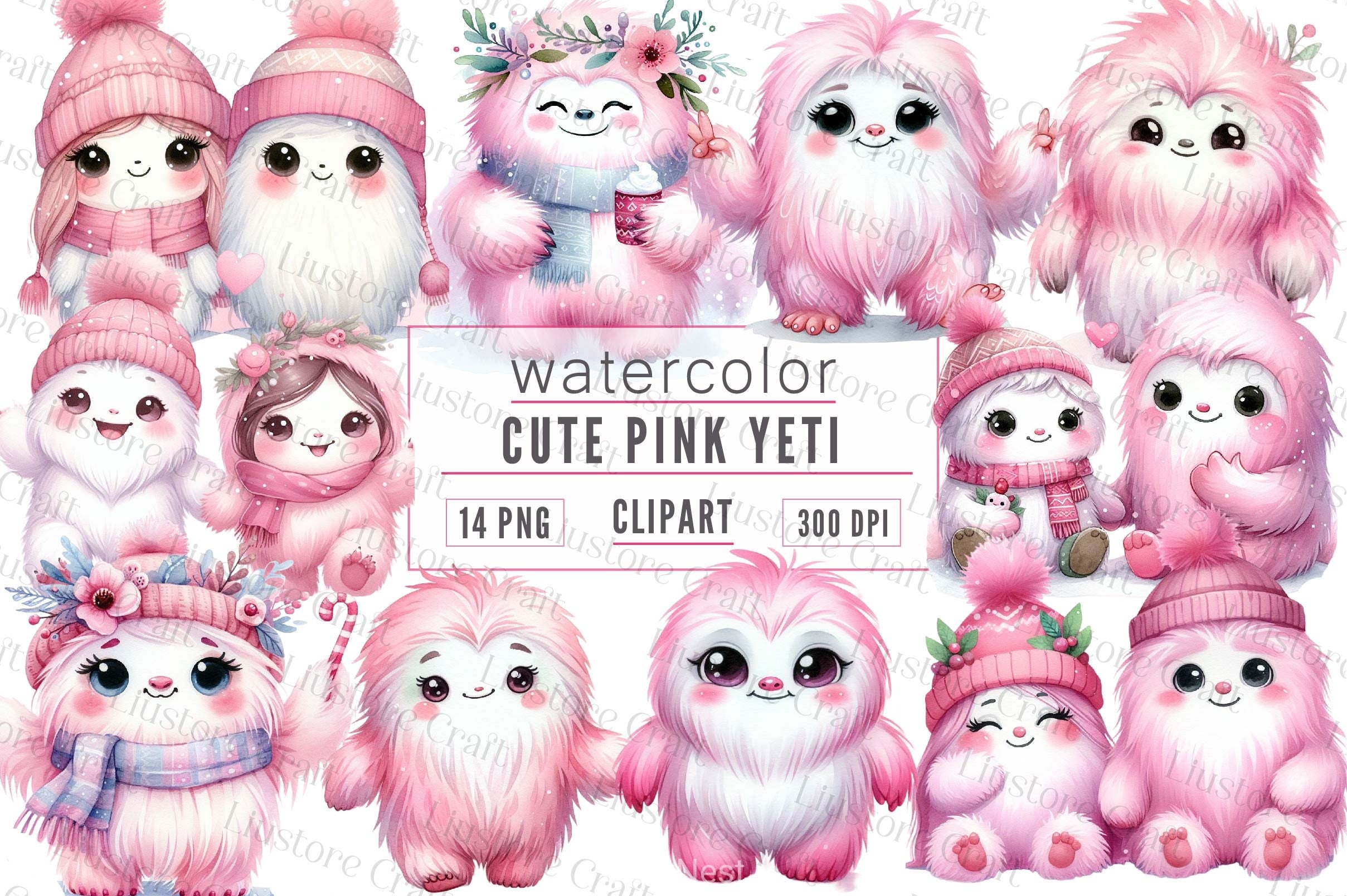 Pink Cute Couple Yeti Clipart Bundle