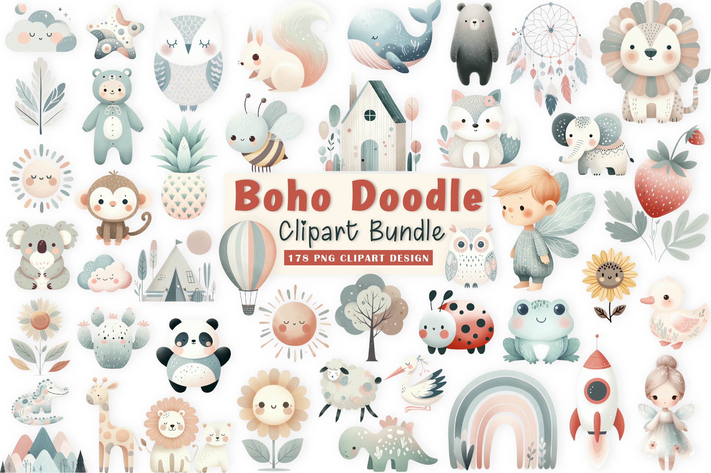 Boho Doodle Baby Clipart Bundle