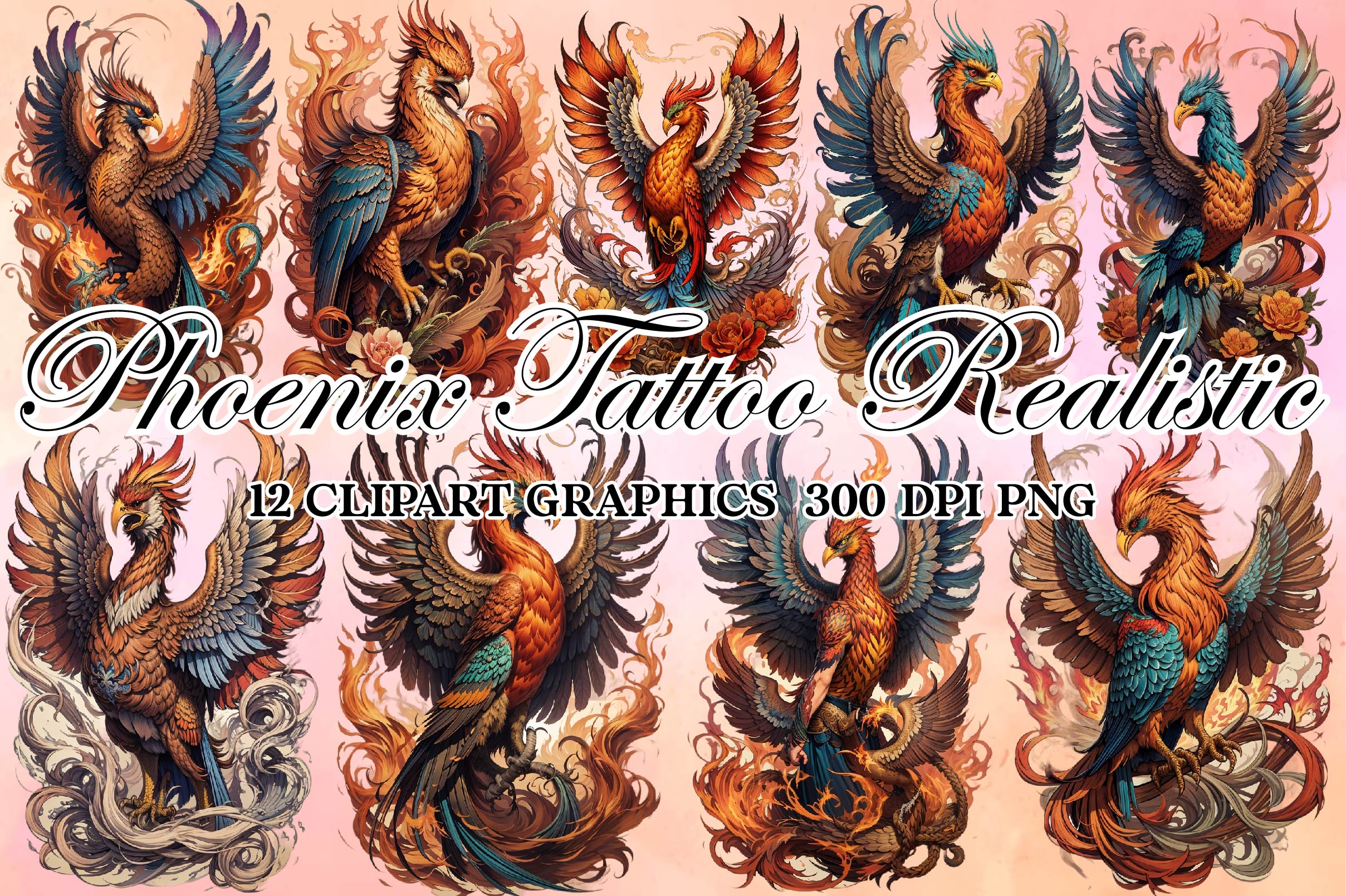 Phoenix Tattoo Realistic Old School Clipart Bundle