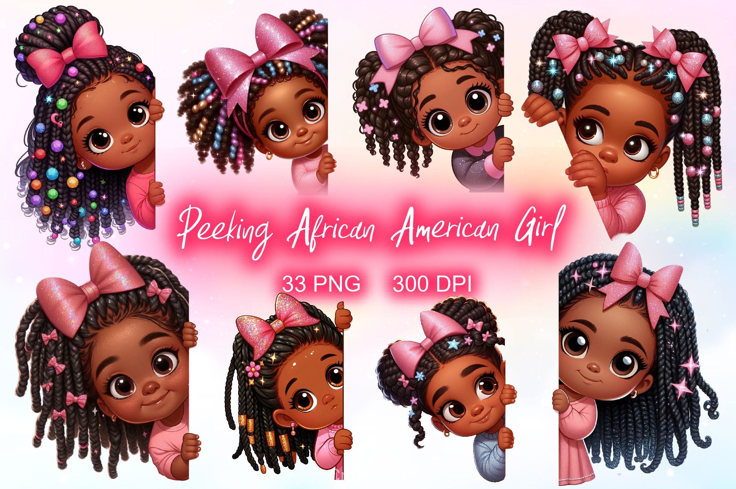 Peeking African American Little Girl Clipart Bundle 2