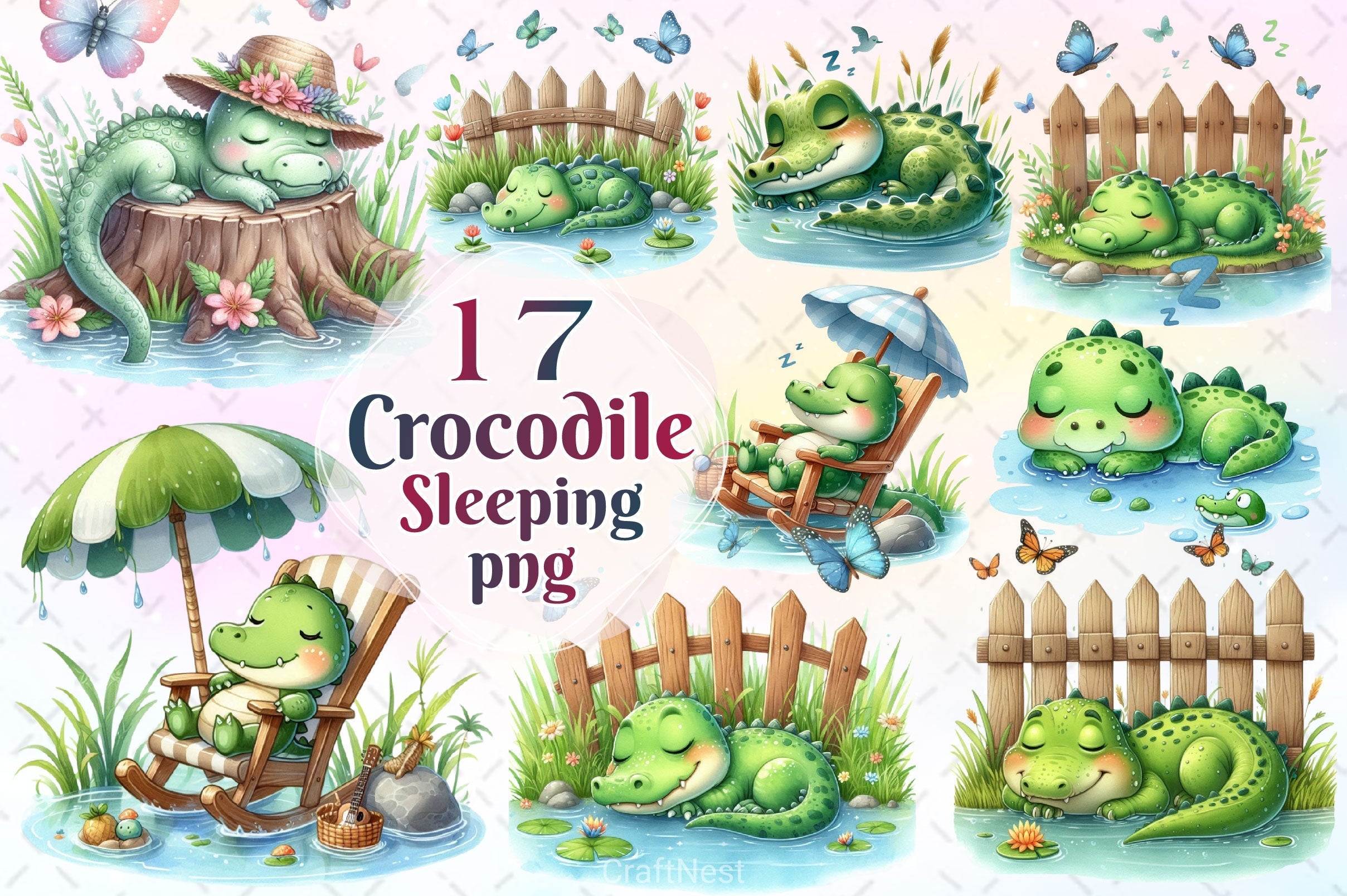 Sleeping Crocodile Clipart Bundle