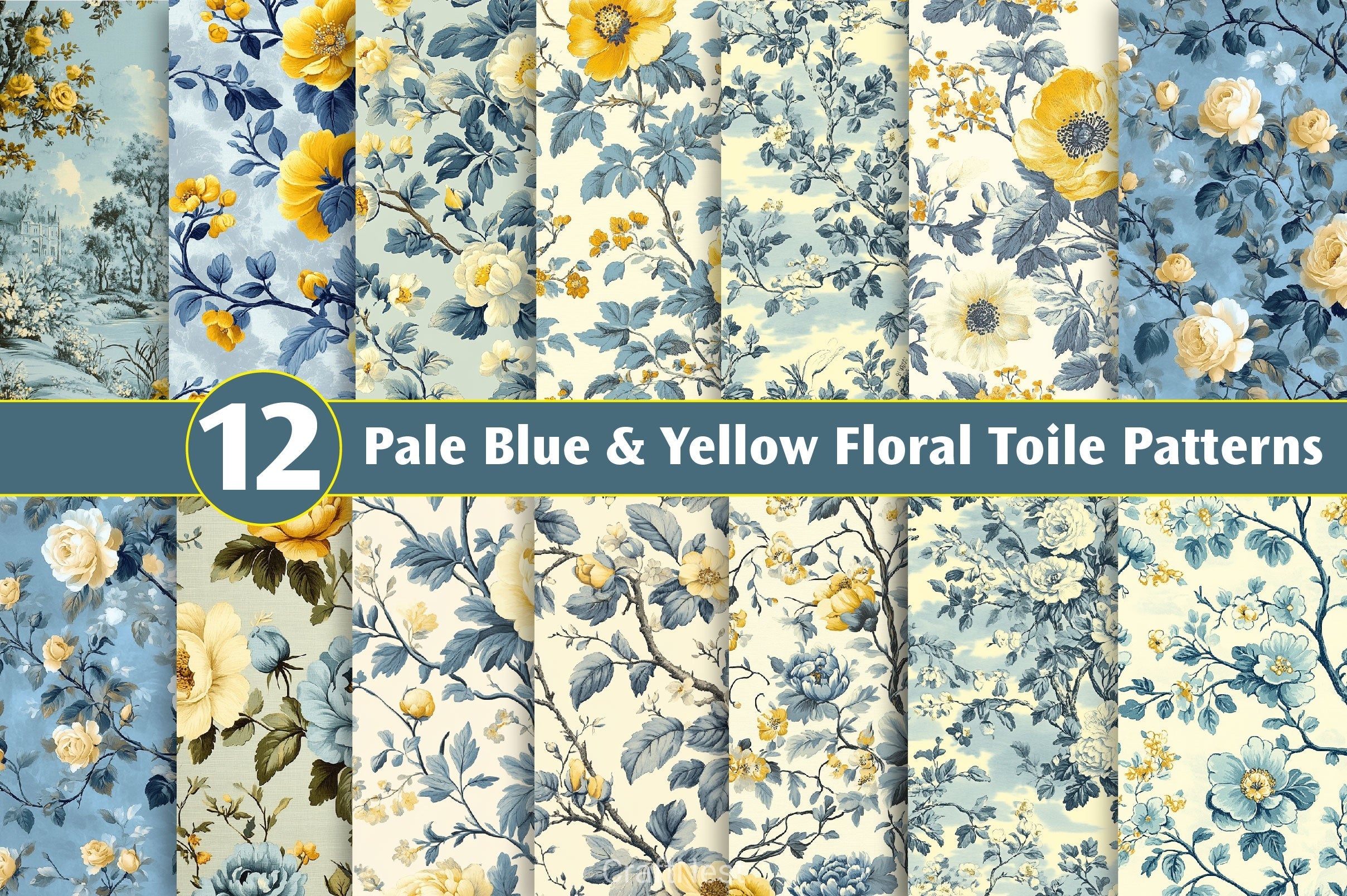 Pale Blue & Yellow Floral Toile Patterns Clipart Bundle
