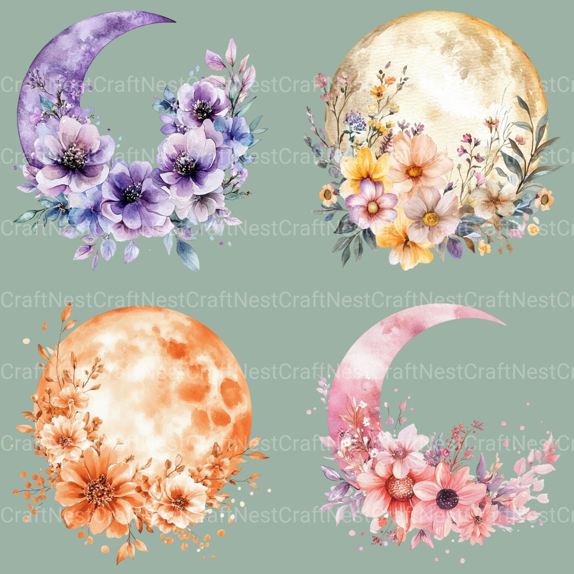 Floral Moon Clipart Bundle