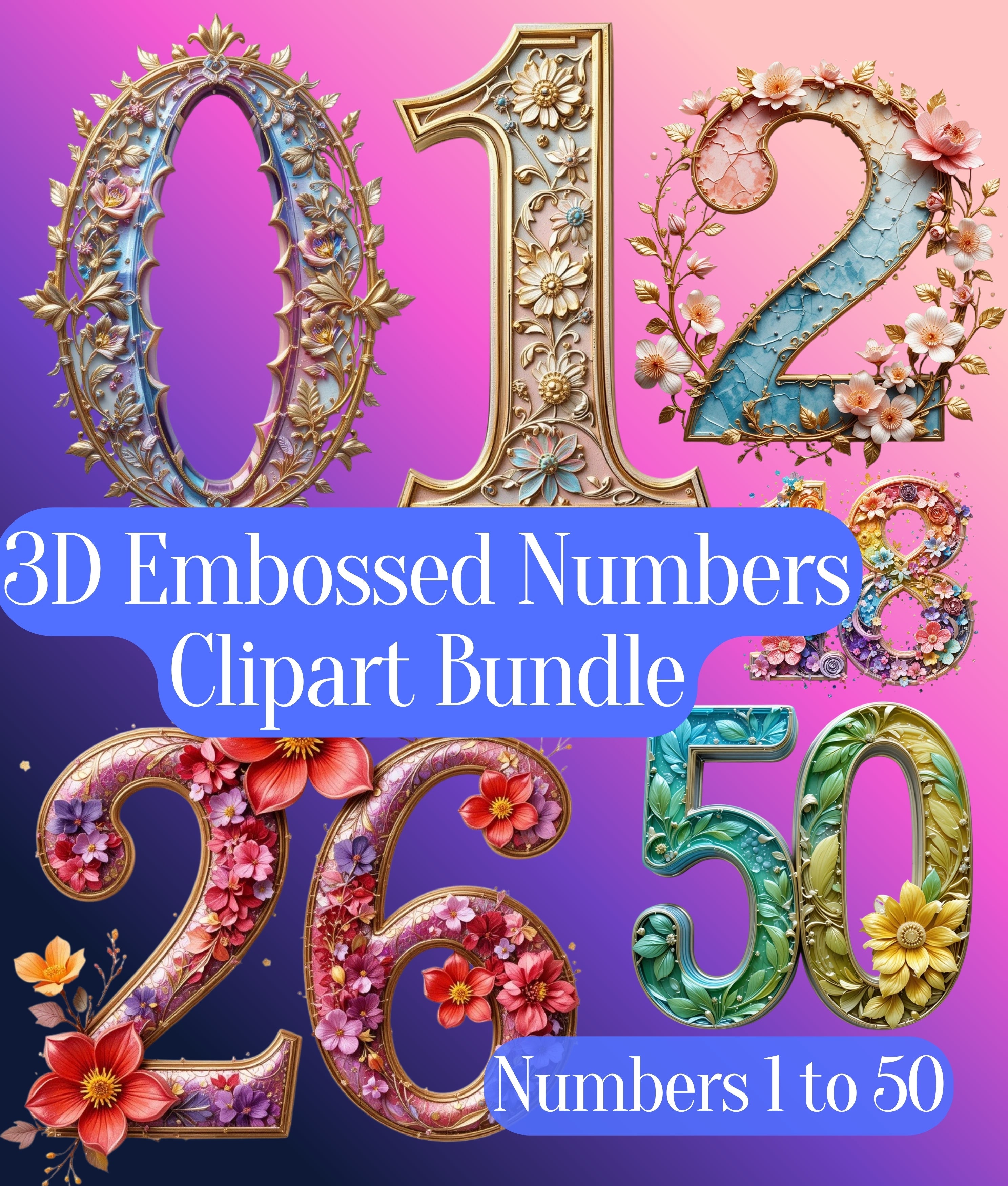 3D Embossed Numbers Clipart Bundle