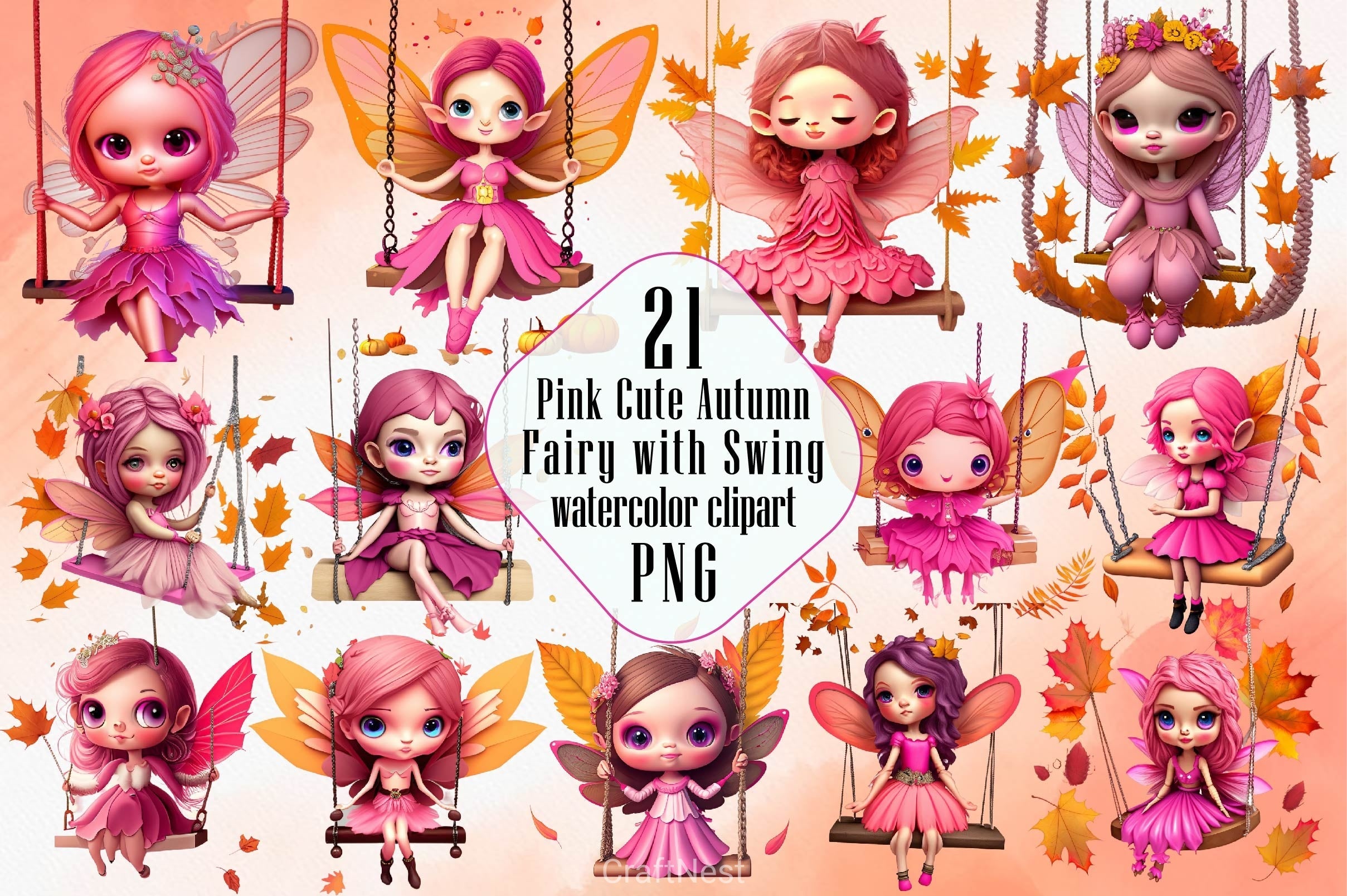 Pink Cute Autumn Fairy With Swing Clipart Bundle