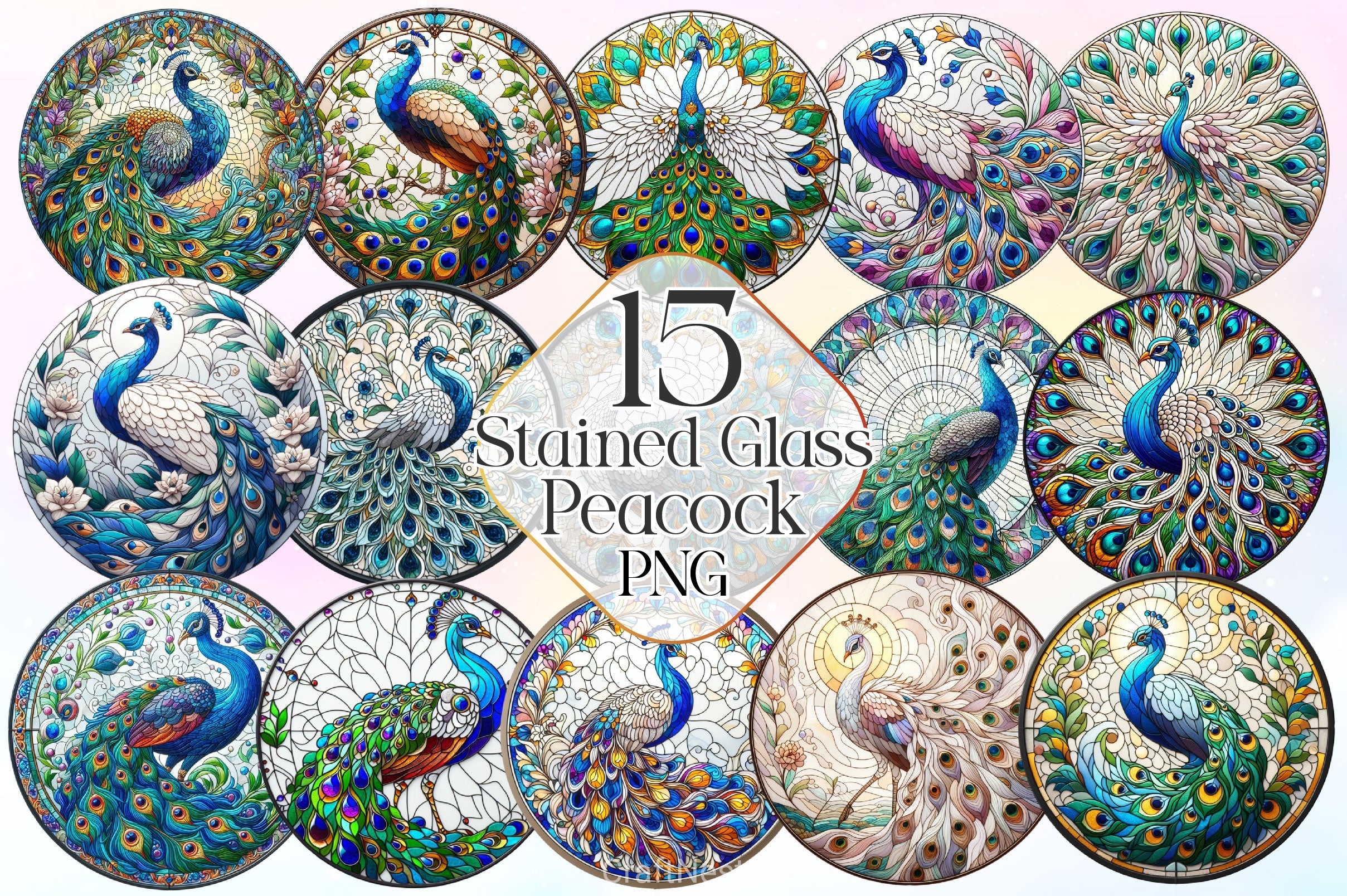Stained Glass Peacock Wind Spinner Clipart Bundle