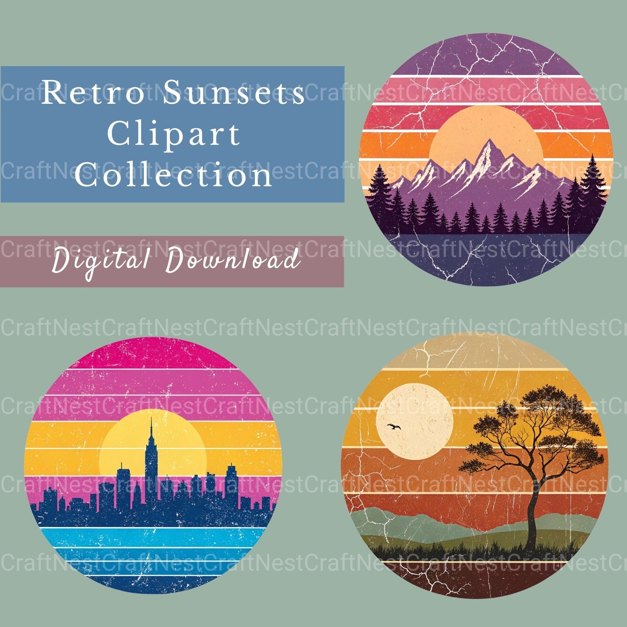 Retro Sunsets 2 Clipart Bundle