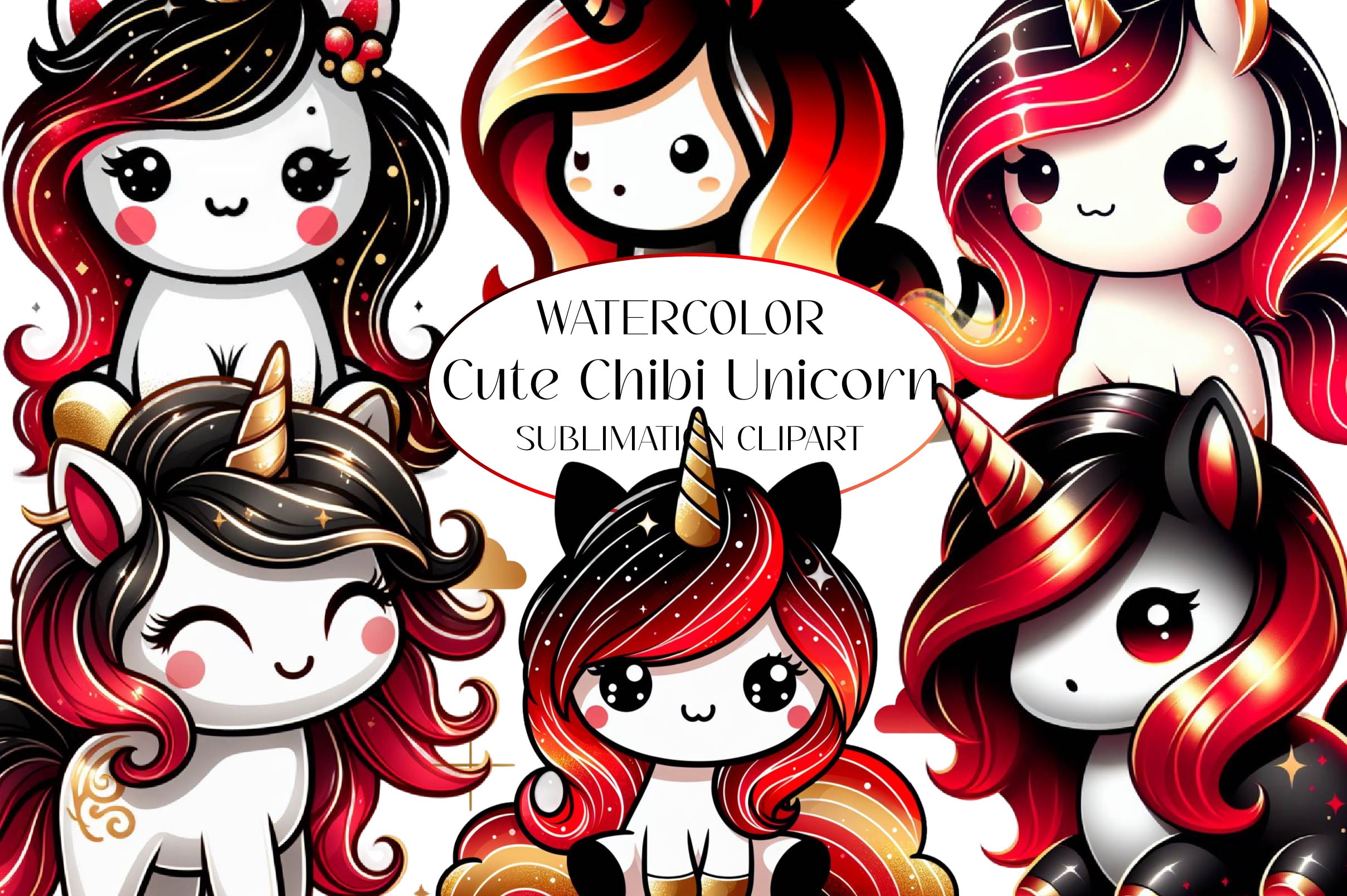 Cute Chibi Unicorn Clipart Bundle