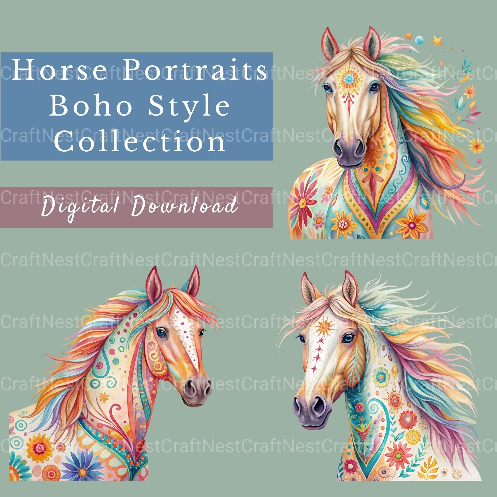 Horse Portraits Boho Clipart Bundle