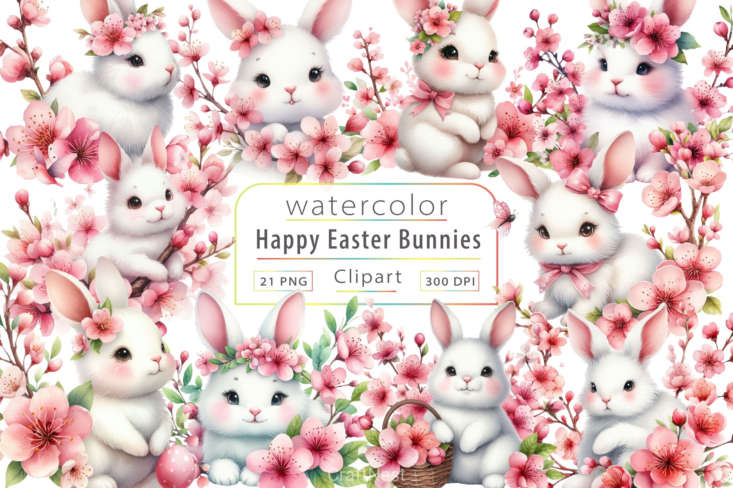 Happy Easter Bunnies Clipart Bundle