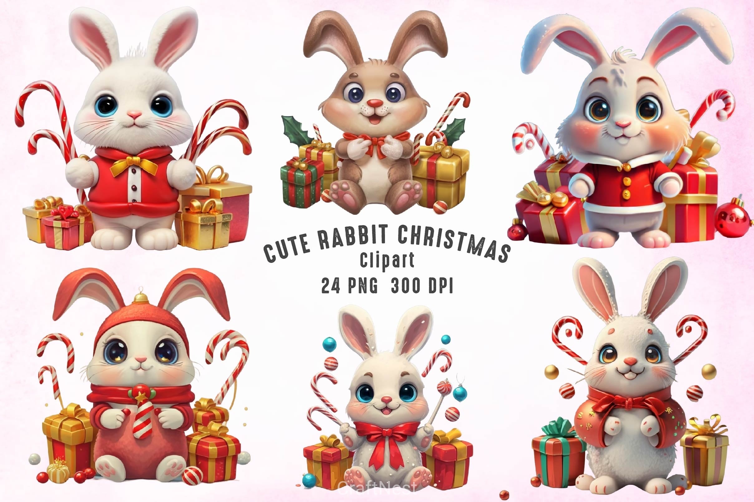Cute Rabbit Christmas Clipart Bundle