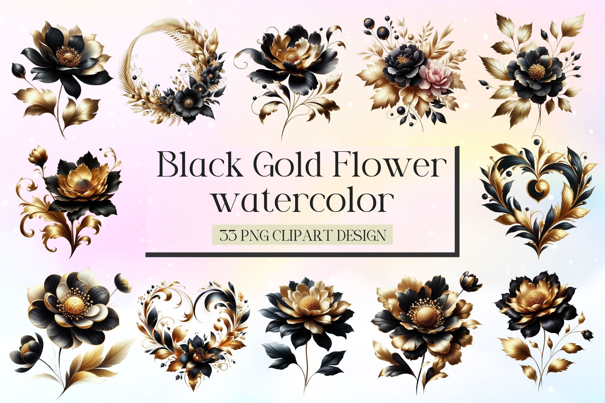 Abstract Black Gold Flower Clipart Bundle