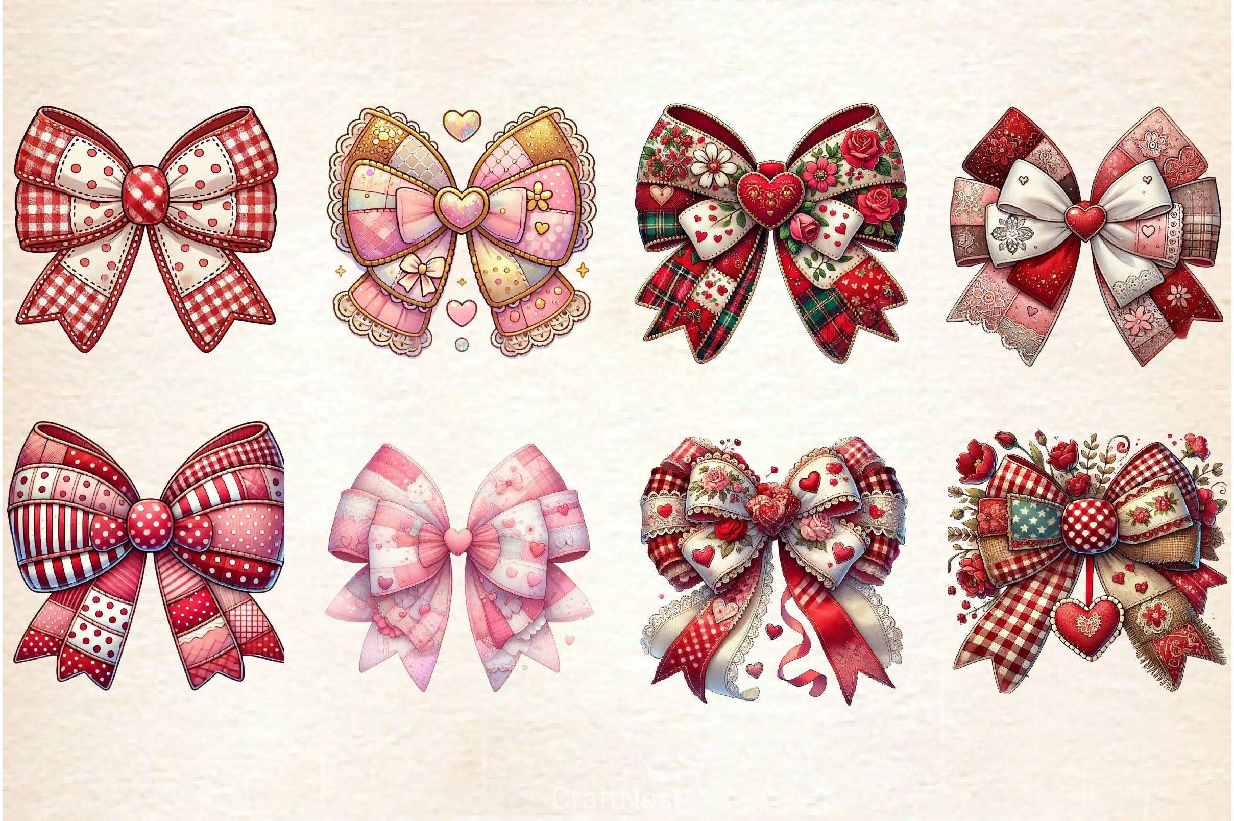 Patchwork Valentine's Day Bow Clipart Bundle 2