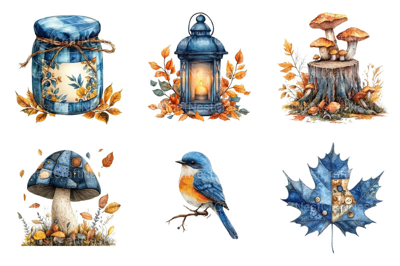 Blue Patchwork Autumn Clipart Set Bundle - CraftNest - Digital Crafting and Art