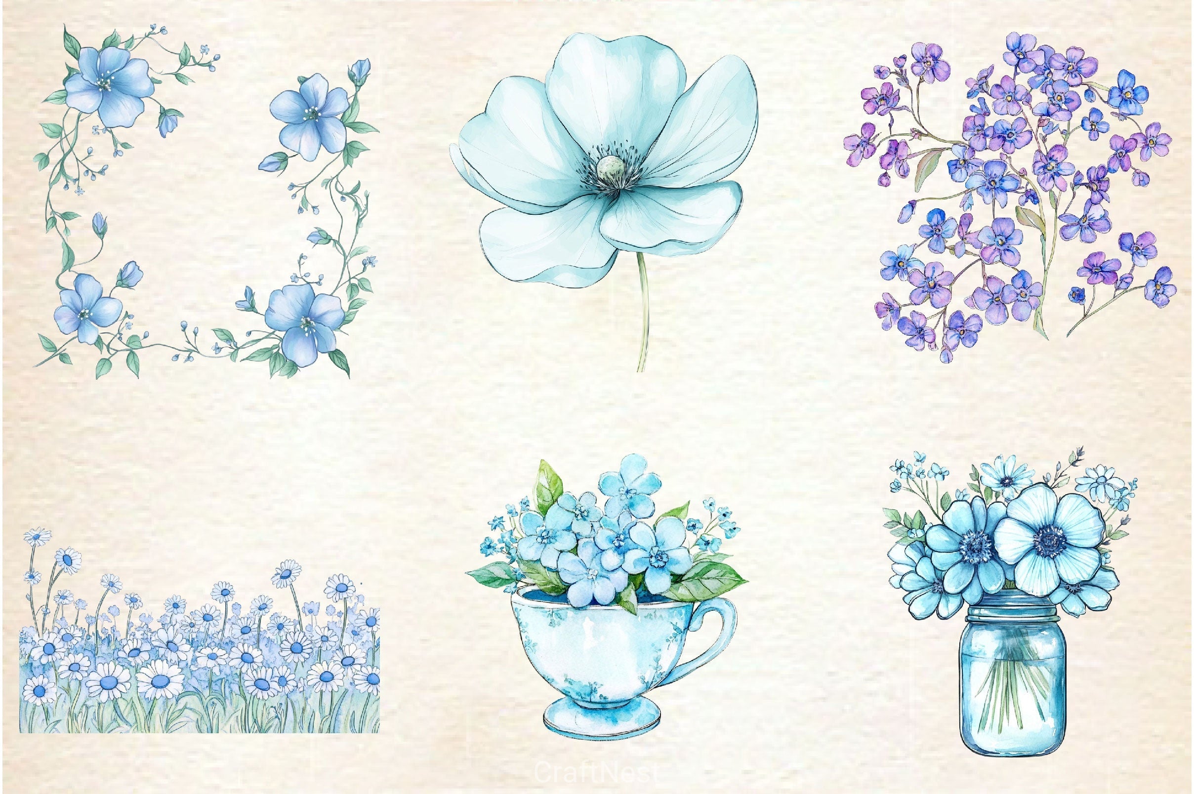 Blue Flower Clipart Bundle