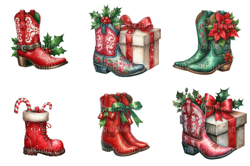 Festive Christmas Cowboy Boots Clipart Bundle - CraftNest - Digital Crafting and Art