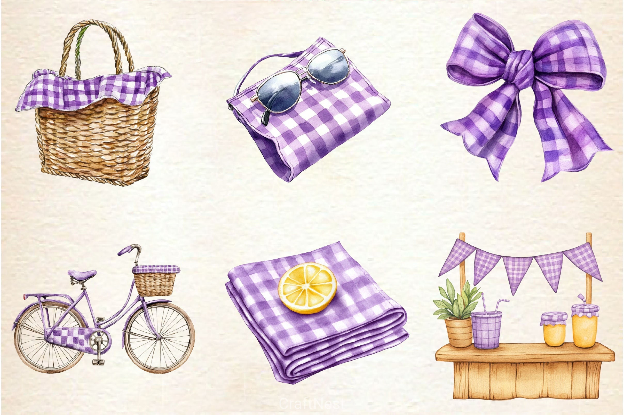 Purple Gingham Summer Clipart Bundle