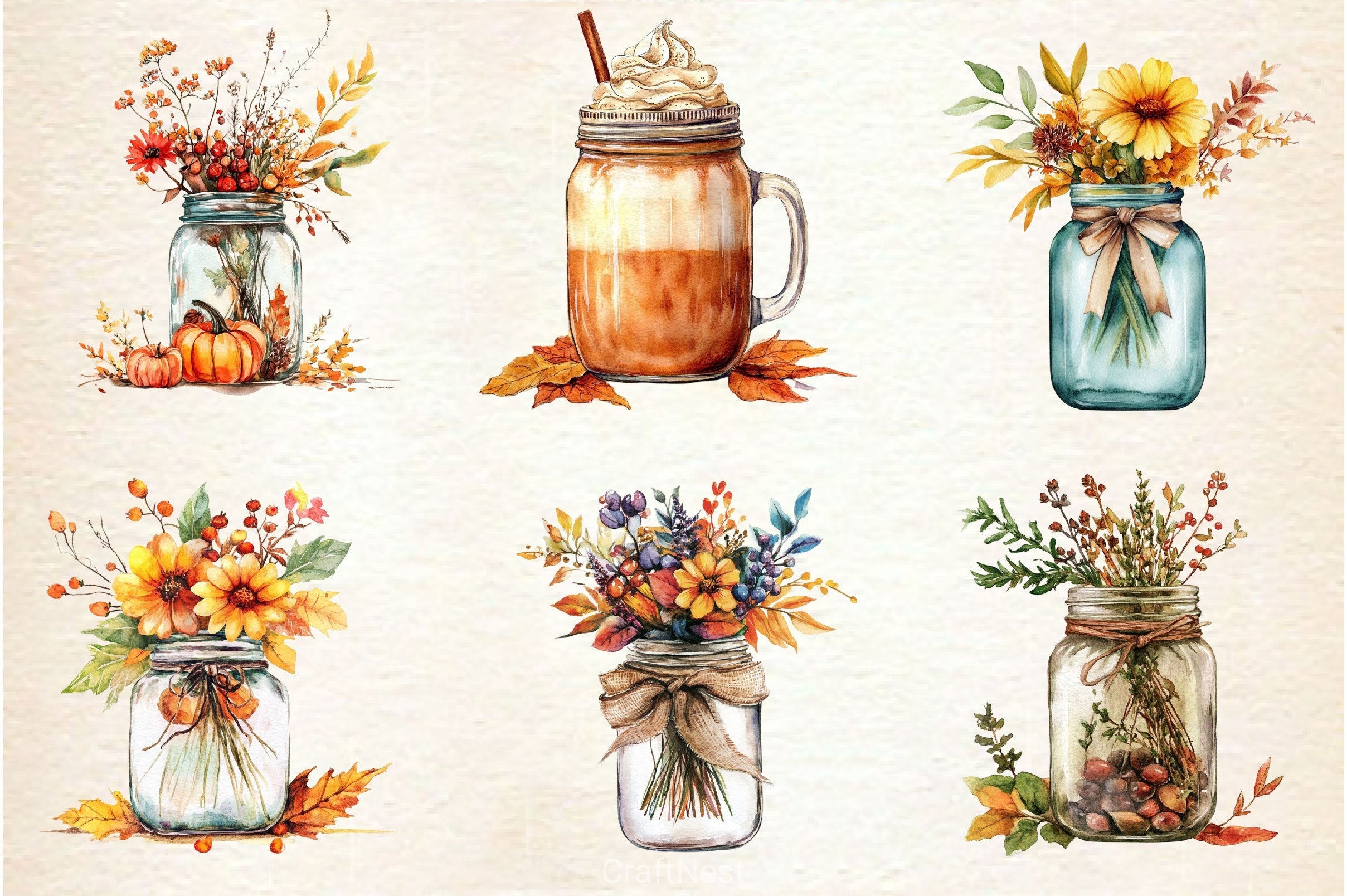 Cute Fall Mason Jars Clipart Bundle 2