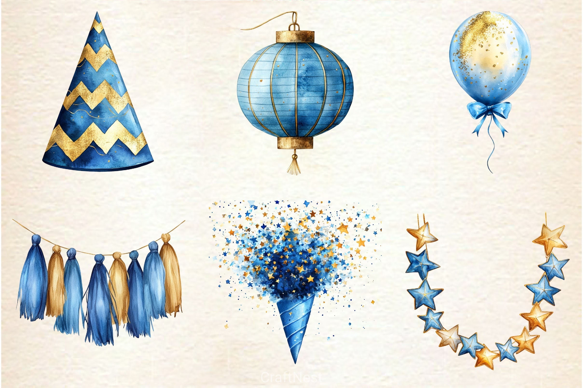 Blue And Gold Party Decorations Clipart Bundle