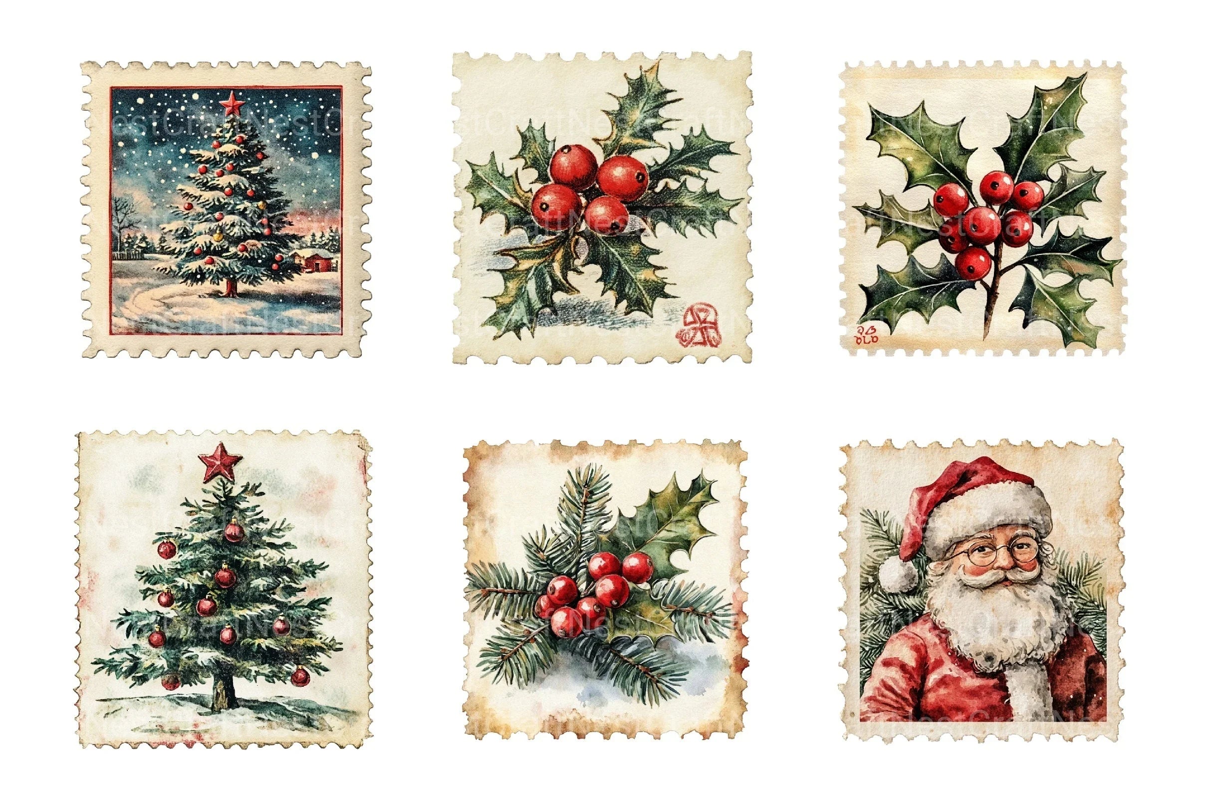 Vintage Christmas Stamps: Retro Santa, Snowman, Tree Clipart Bundle 98 - CraftNest - Digital Crafting and Art
