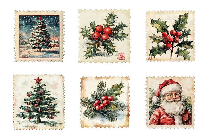 Vintage Christmas Stamps: Retro Santa, Snowman, Tree Clipart Bundle 98 - CraftNest - Digital Crafting and Art