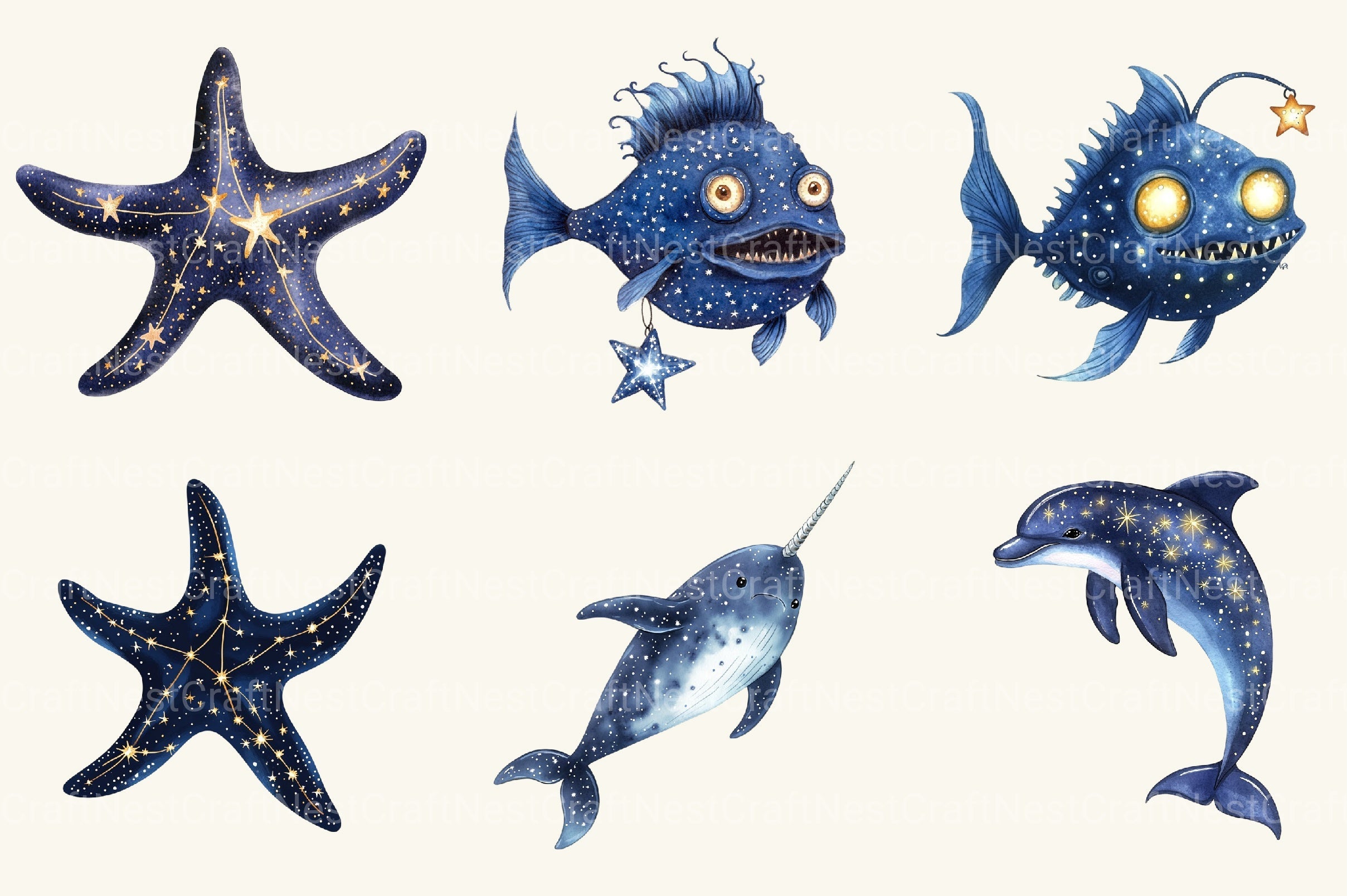 Fantasy Cute Sea Creature Animals Clipart Bundle