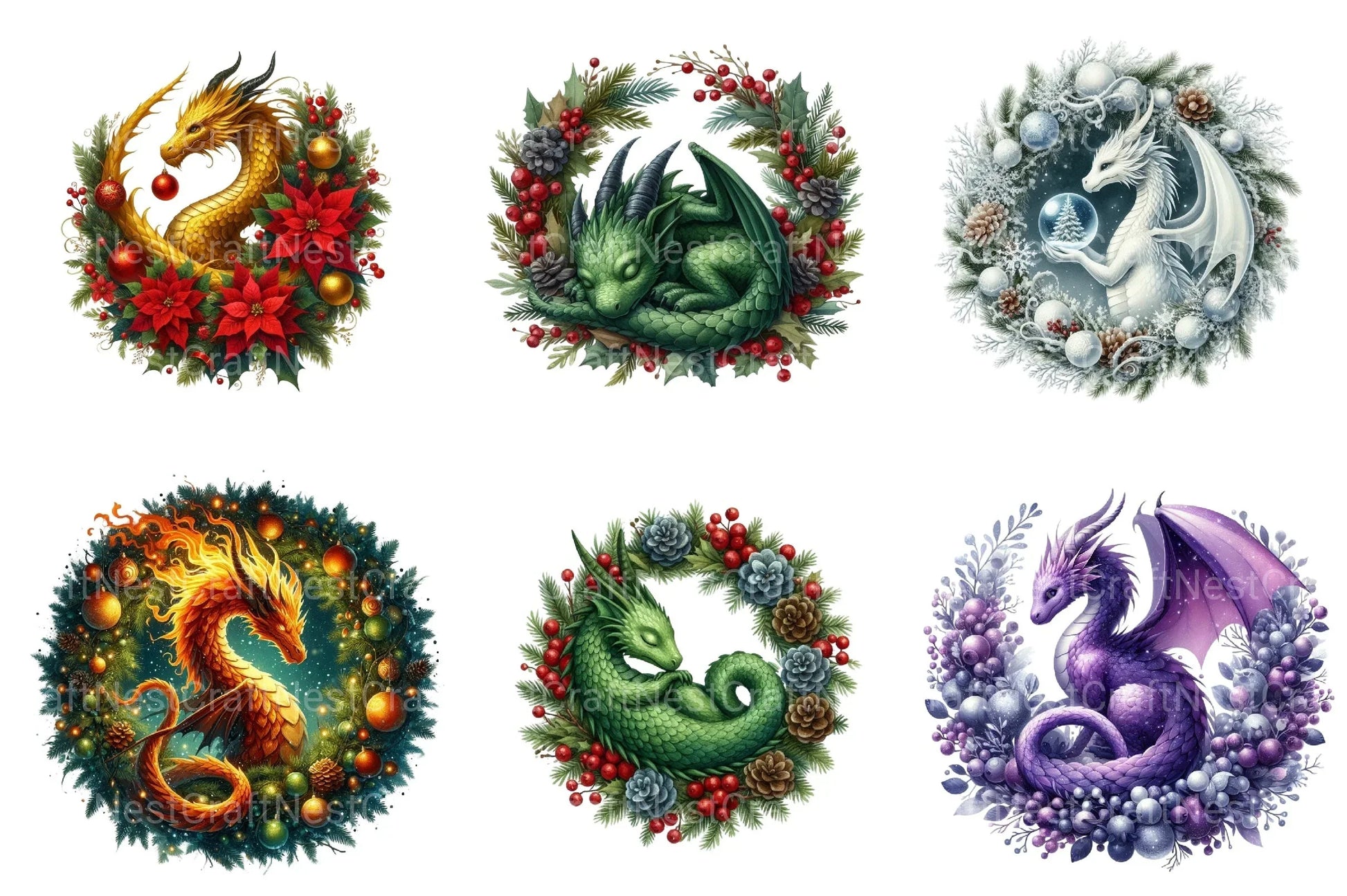Christmas Dragons Holiday Wreath Clipart Bundle - CraftNest - Digital Crafting and Art