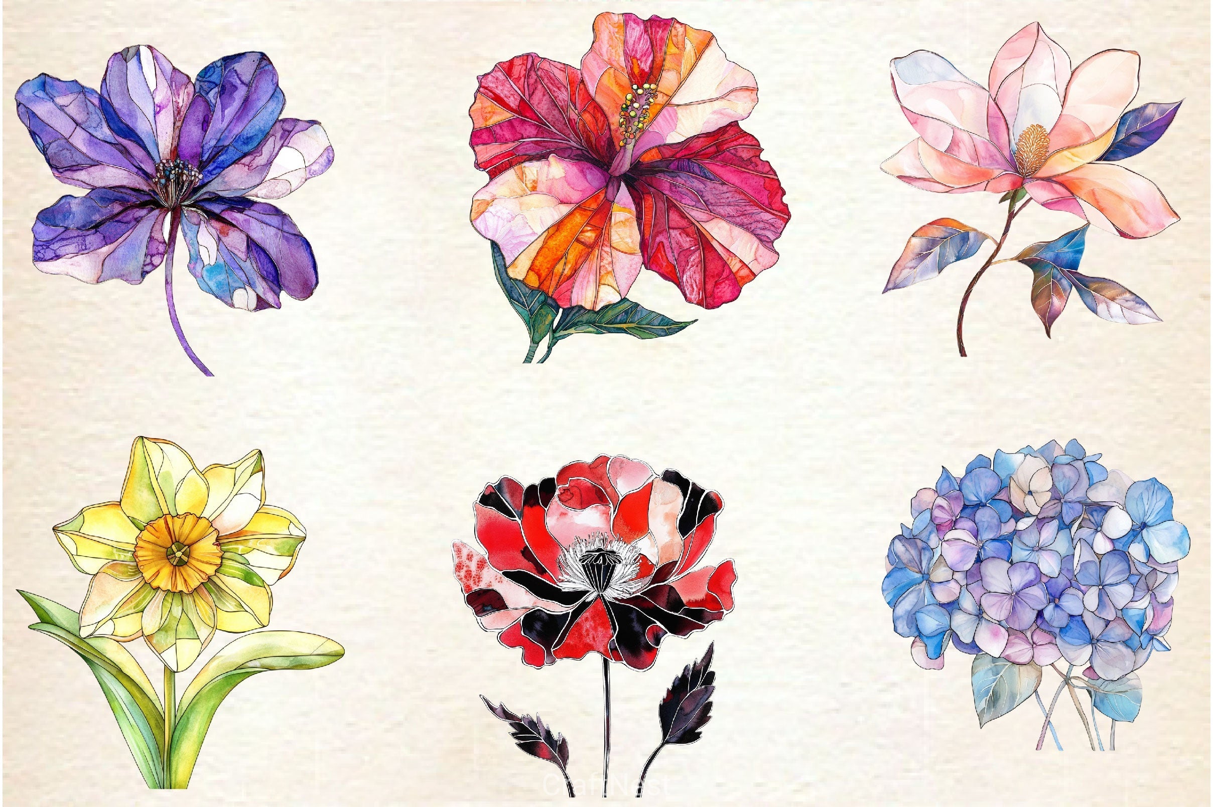 Stained Glass Spring Flowers Clipart Bundle
