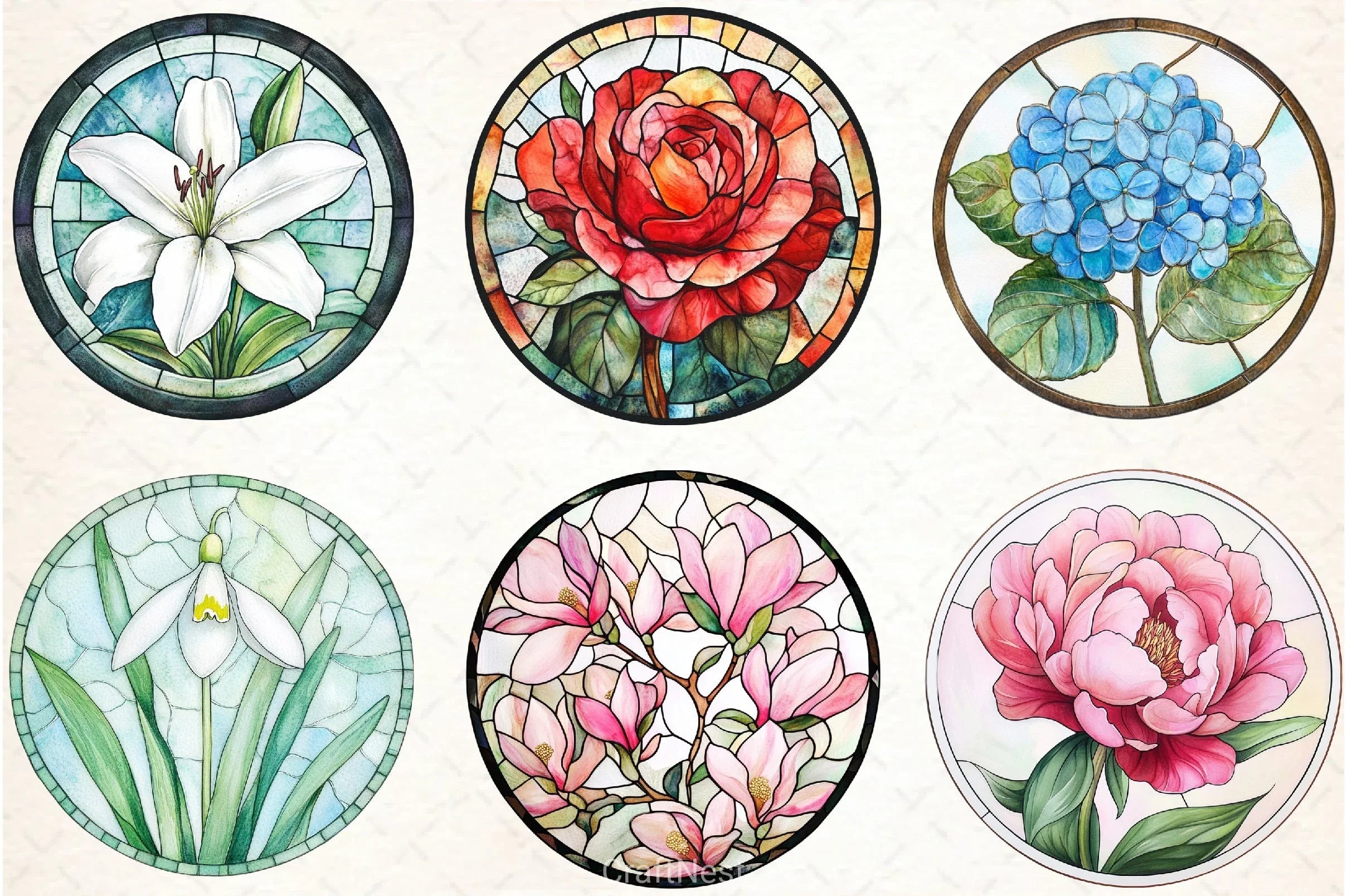 Round Stained Glass Flowers Clipart Bundle - CraftNest - Digital Crafting and Art