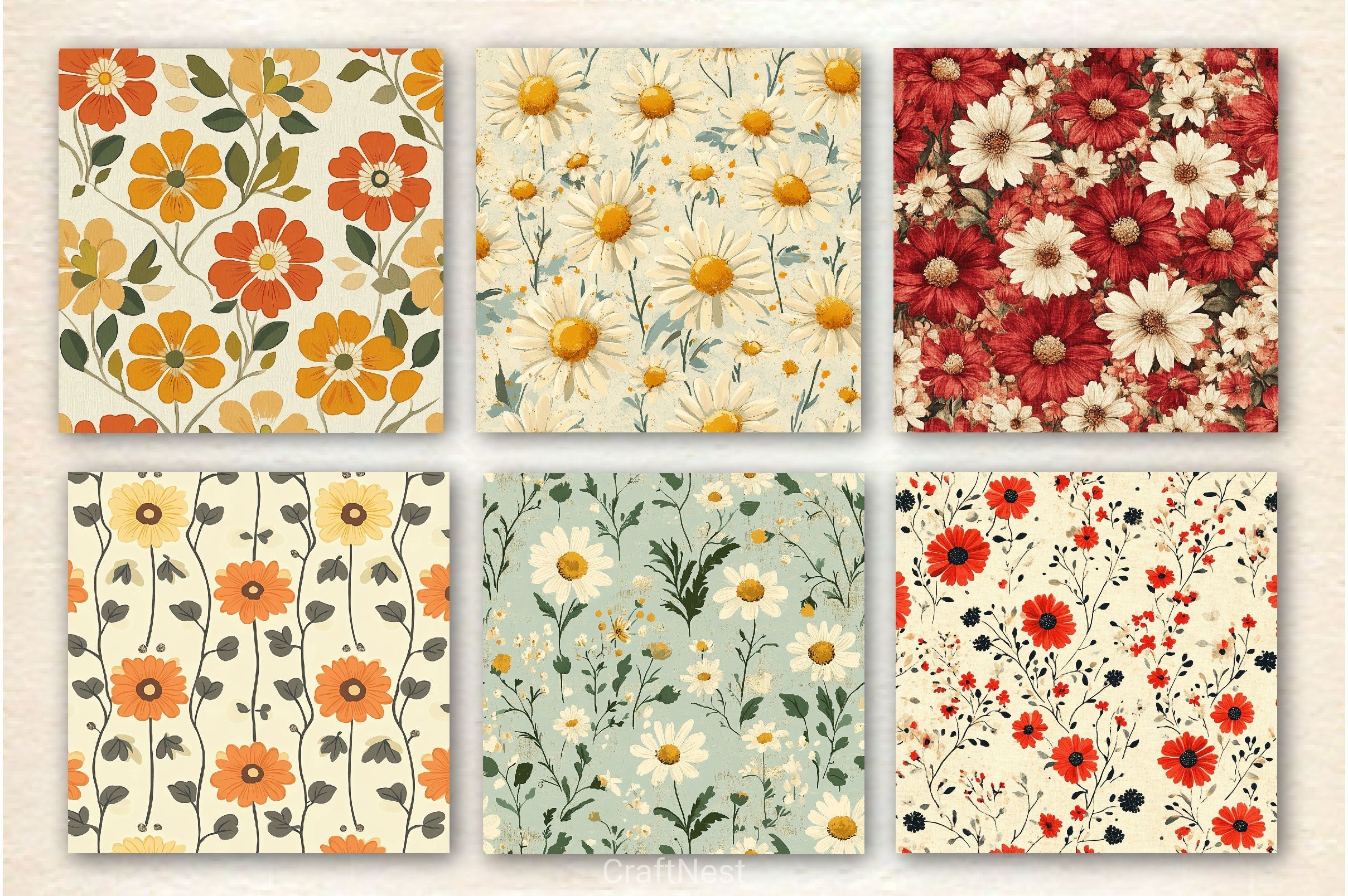 Vintage Cottagecore Daisy Flower Pattern Clipart Bundle