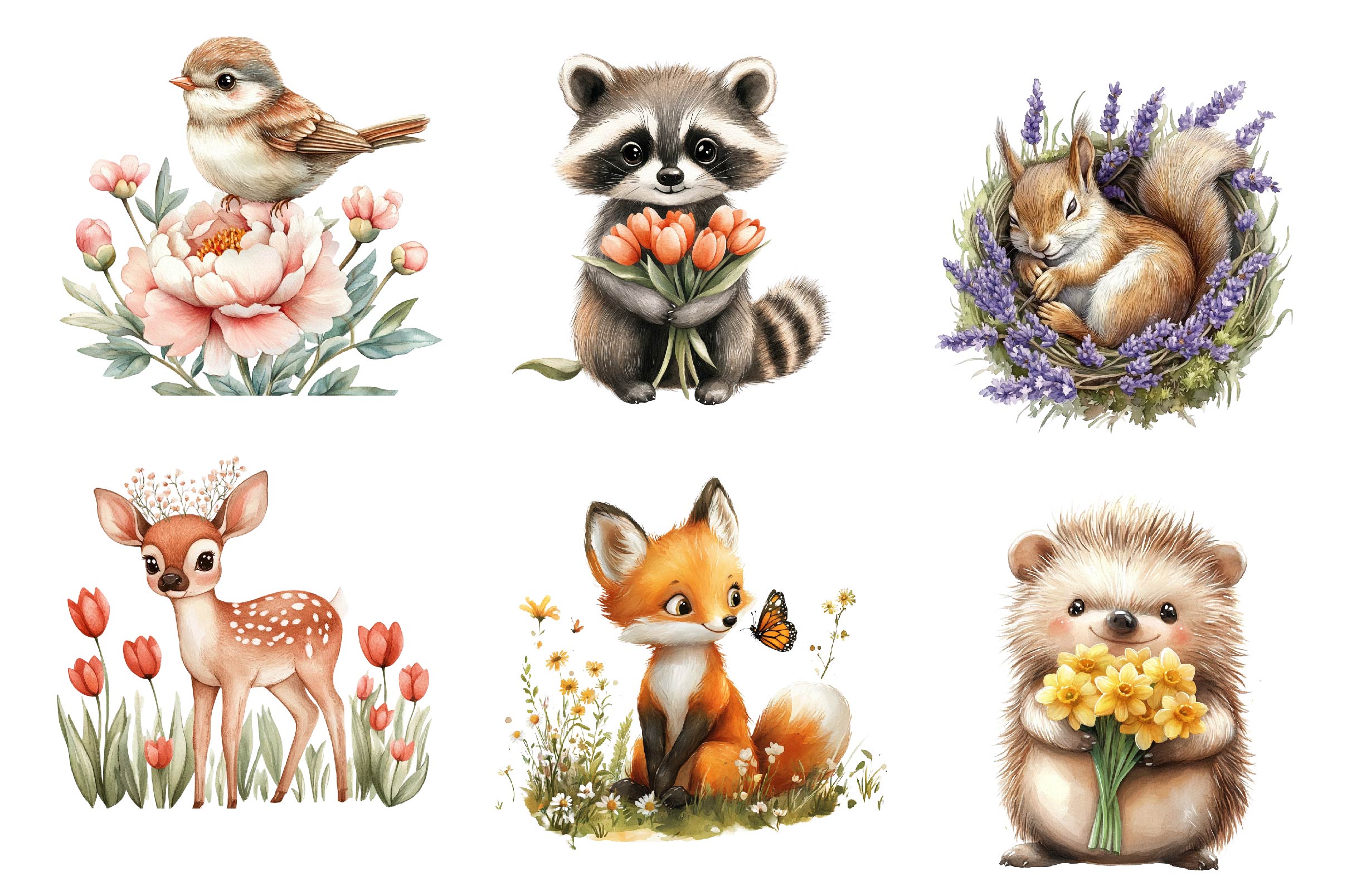 Woodland Spring Floral Cute Animal Clipart Bundle
