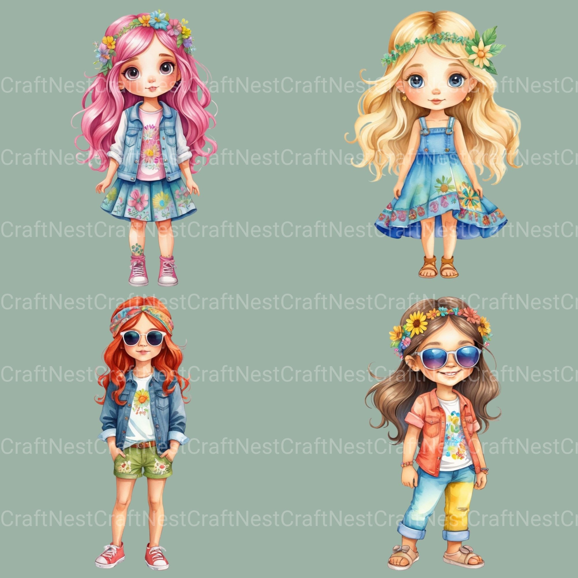 Hippie Girls Clipart Bundle