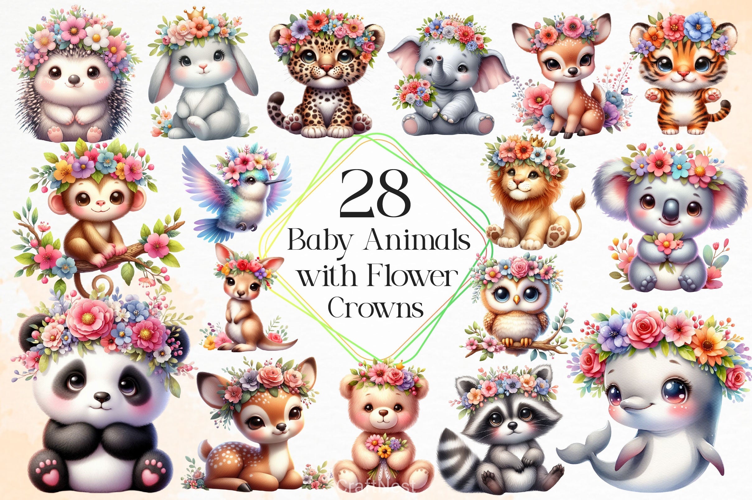 Baby Animals With Flower Crowns Clipart Bundle 2