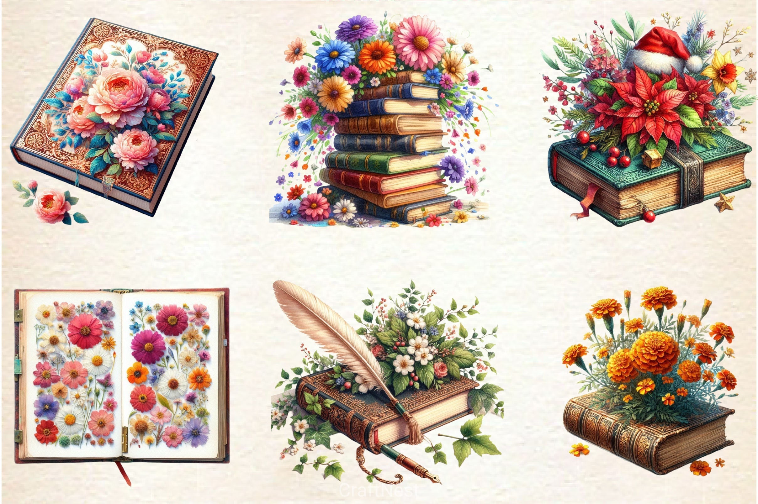 Old Books With Flowers Clipart Bundle 2