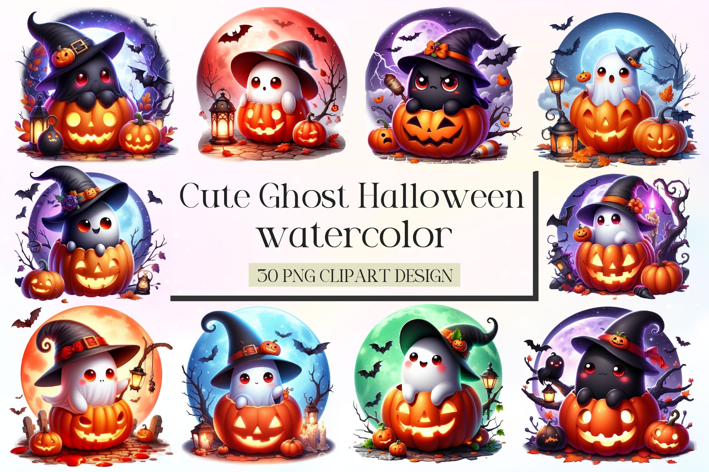 Cute Ghost Halloween Clipart Bundle