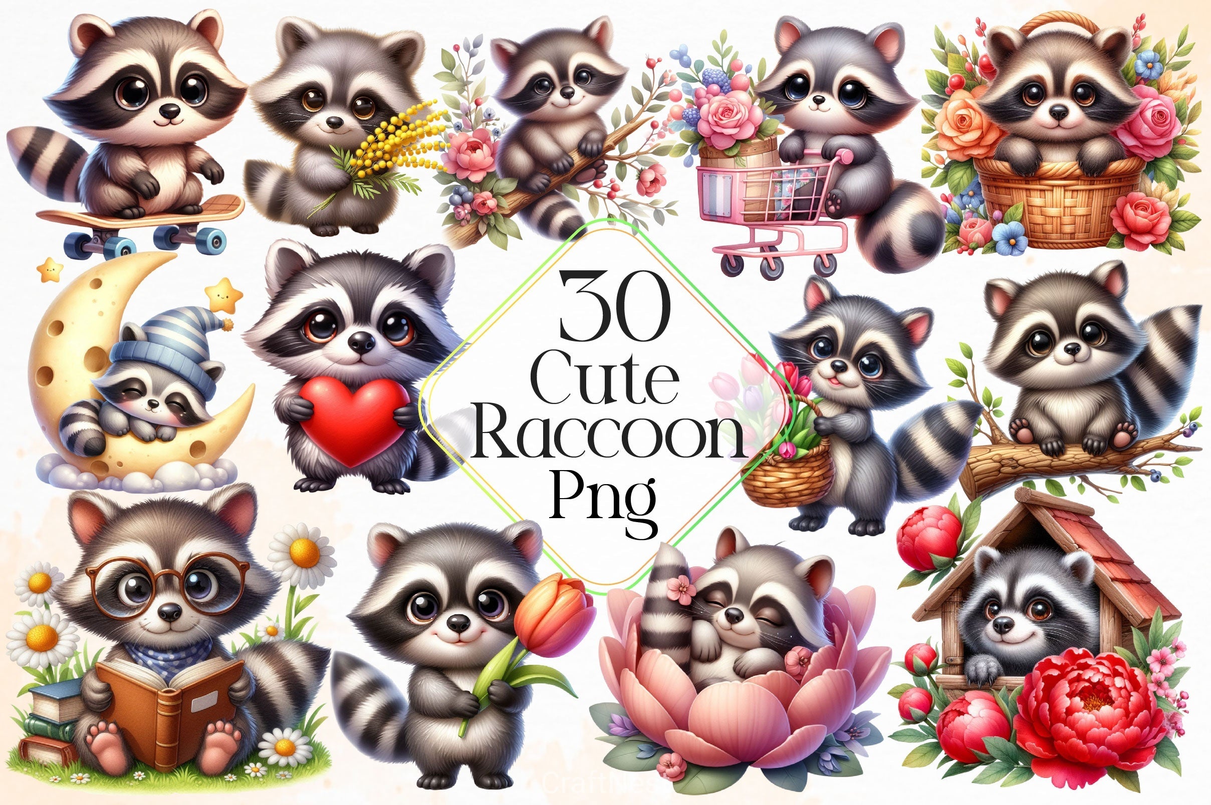 Cute Raccoon Clipart Bundle 2