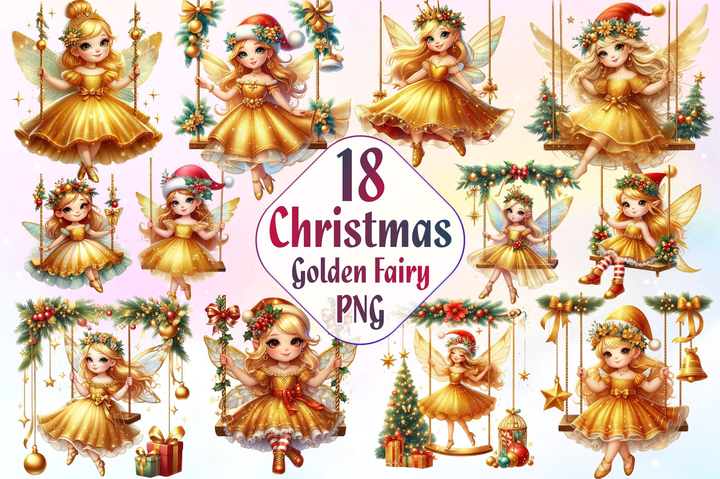 Christmas Golden Fairy Clipart Bundle