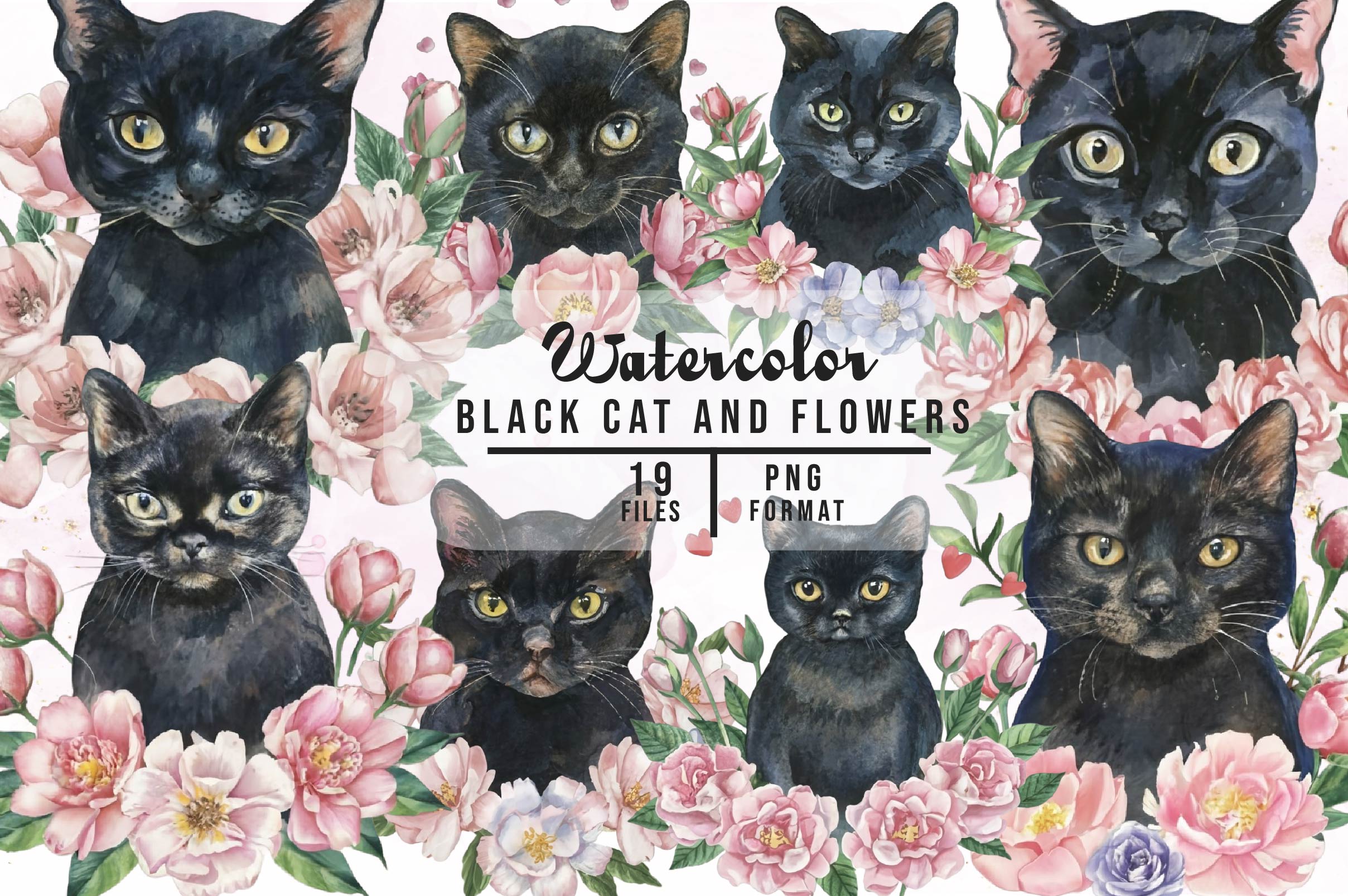 Black Cat And Flowers Clipart Bundle