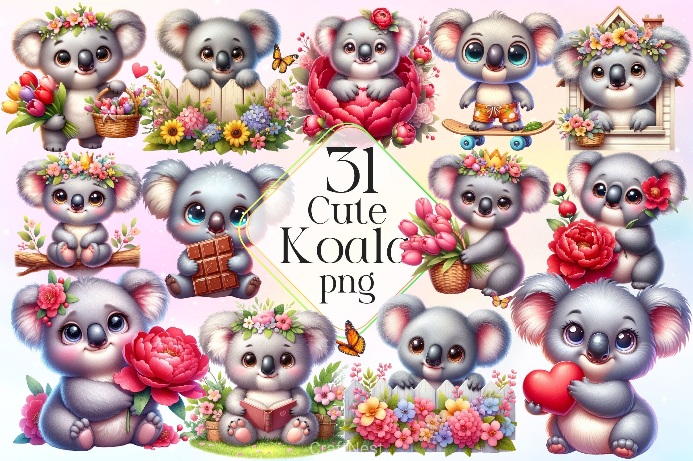 Floral Koala Clipart Bundle 2
