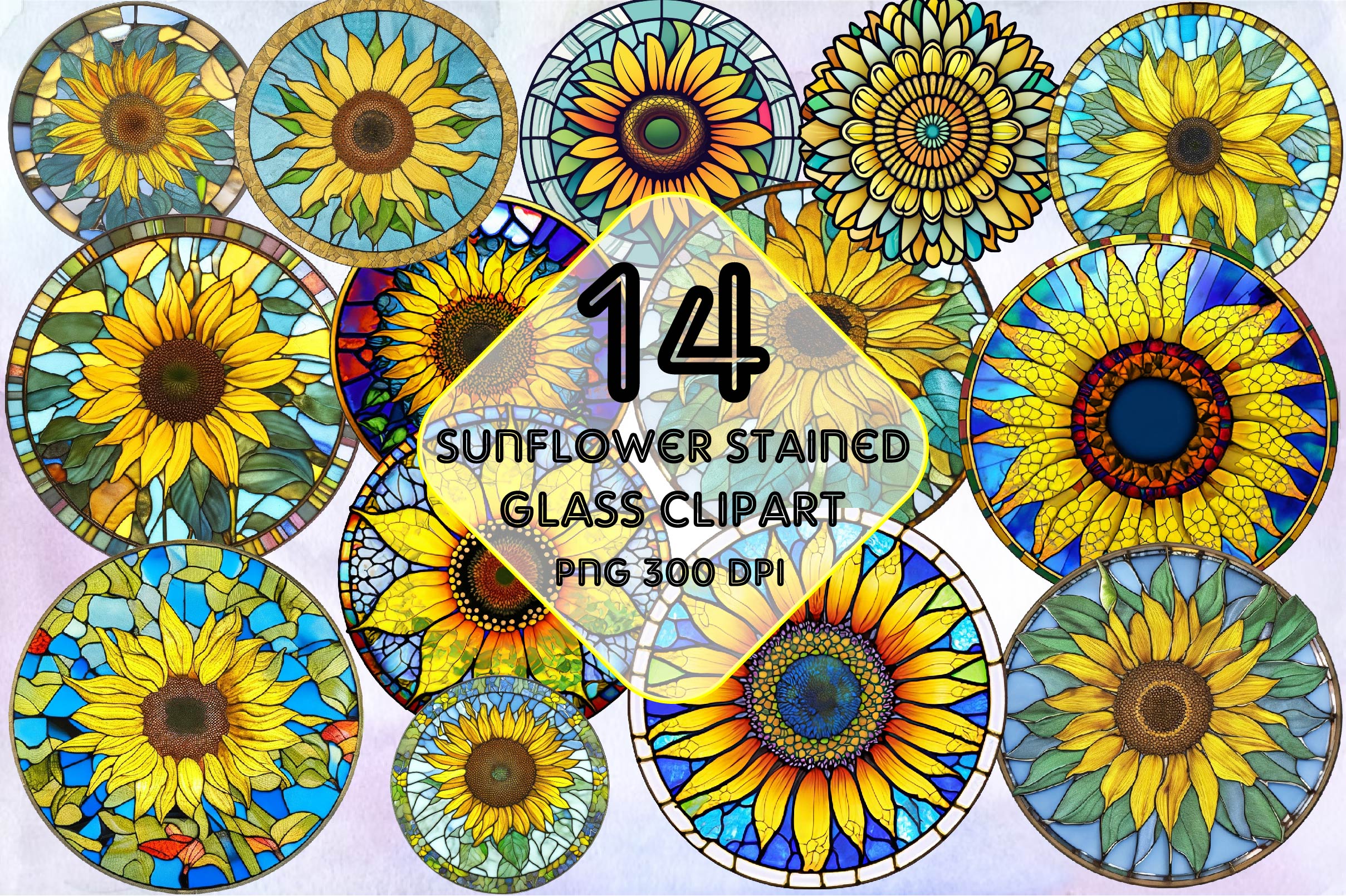 Sunflower Stained Glass Clipart Bundle 1