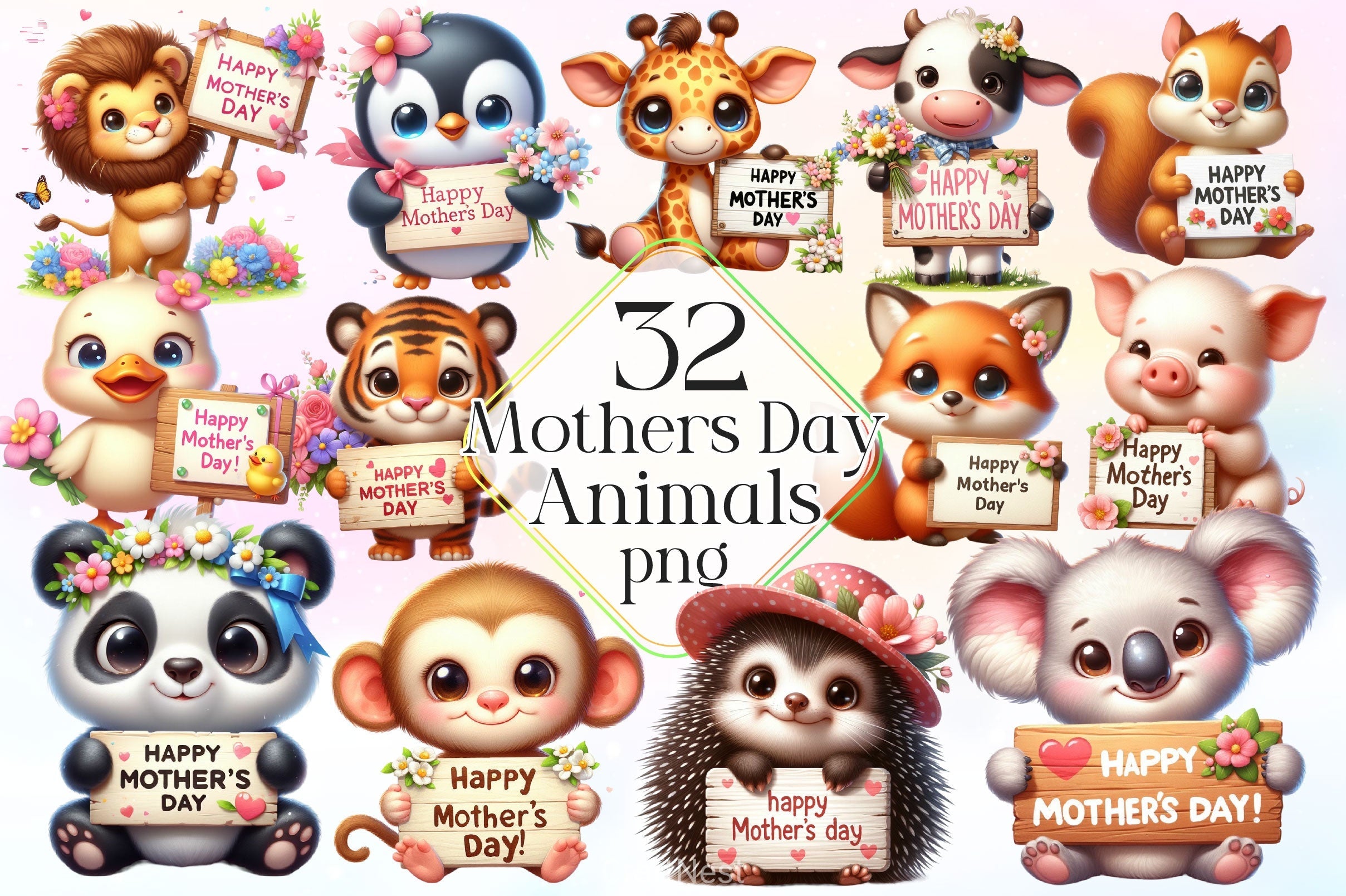 Cute Happy Mothers Day Animals Clipart Bundle 2
