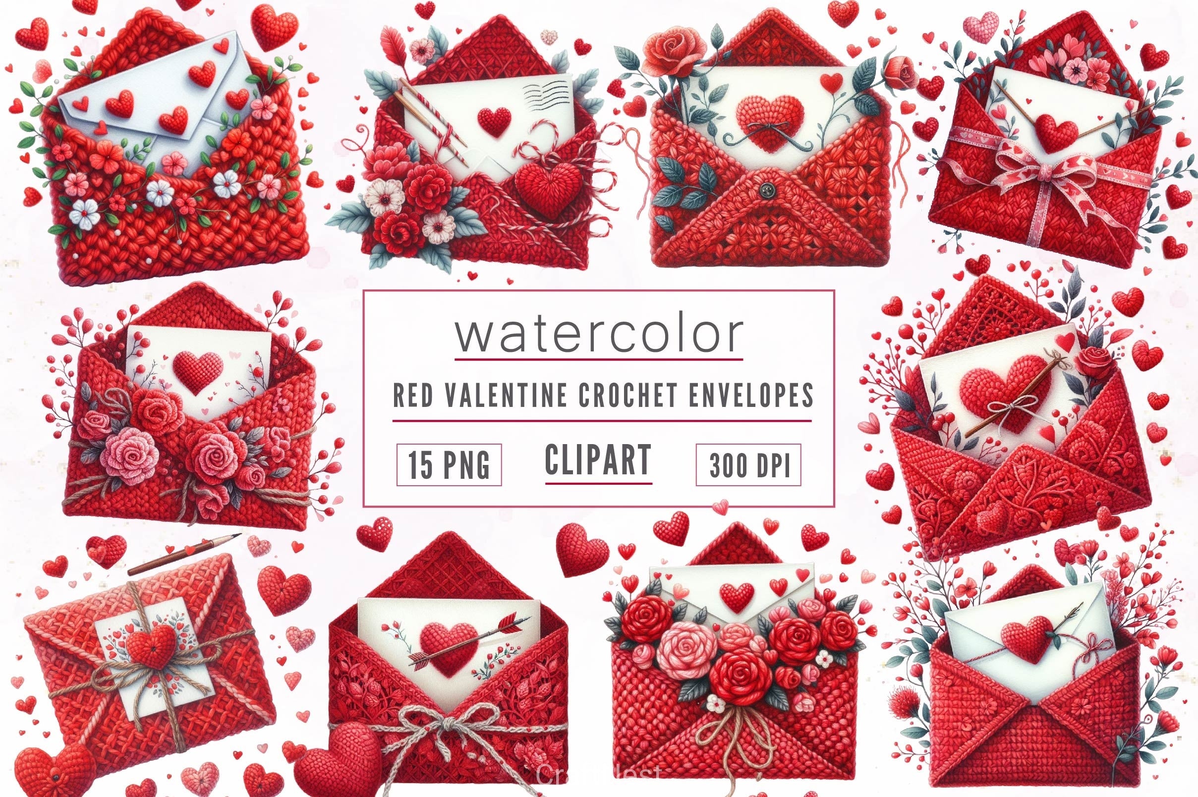 Red Valentine Crochet Envelopes Clipart Bundle